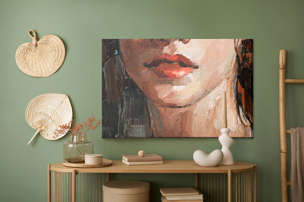 Obraz Na Płótnie Portrait Of A Young, Dreamy Girl With Curly Brown Hair . Palette Knife Technique Of Oil Painting And Brush.
