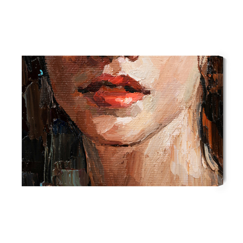 Obraz Na Płótnie Portrait Of A Young, Dreamy Girl With Curly Brown Hair . Palette Knife Technique Of Oil Painting And Brush.