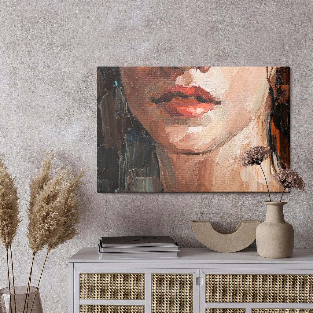 Obraz Na Płótnie Portrait Of A Young, Dreamy Girl With Curly Brown Hair . Palette Knife Technique Of Oil Painting And Brush.
