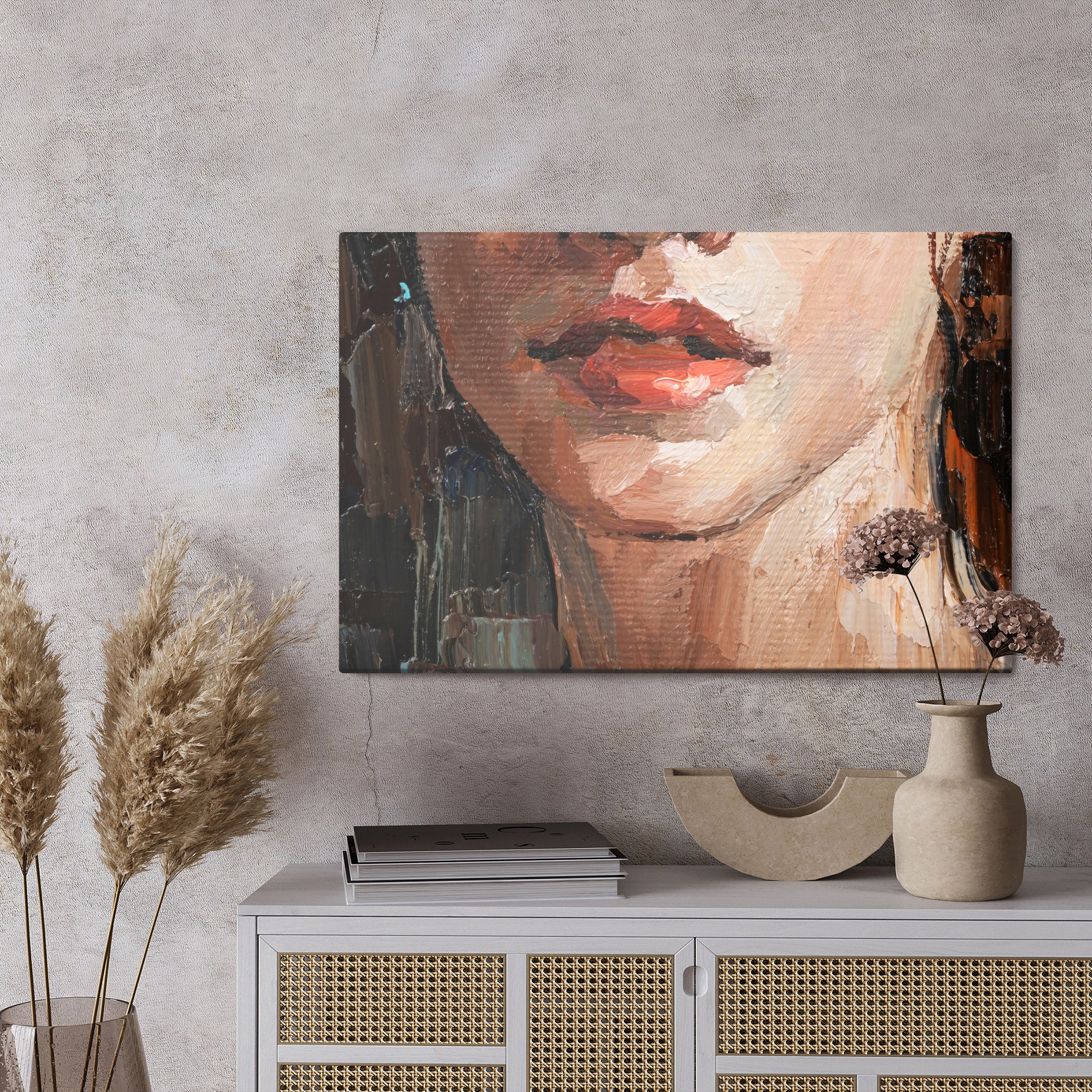 Obraz Na Płótnie Portrait Of A Young, Dreamy Girl With Curly Brown Hair . Palette Knife Technique Of Oil Painting And Brush.