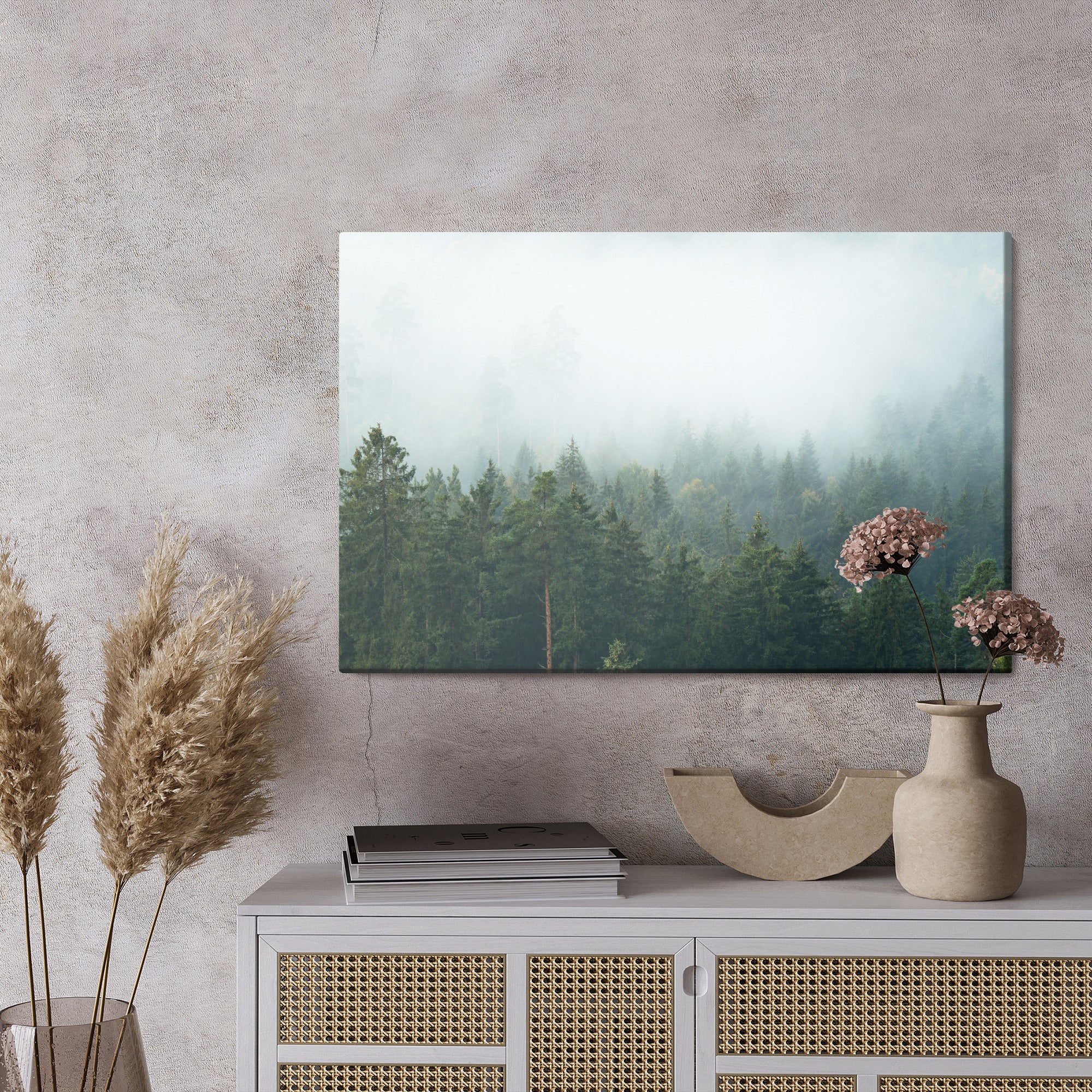 Obraz Na Płótnie Amazing Mystical Rising Fog Forest Trees Landscape In Black Forest ( Schwarzwald ) Germany Panorama Banner - Dark Mood