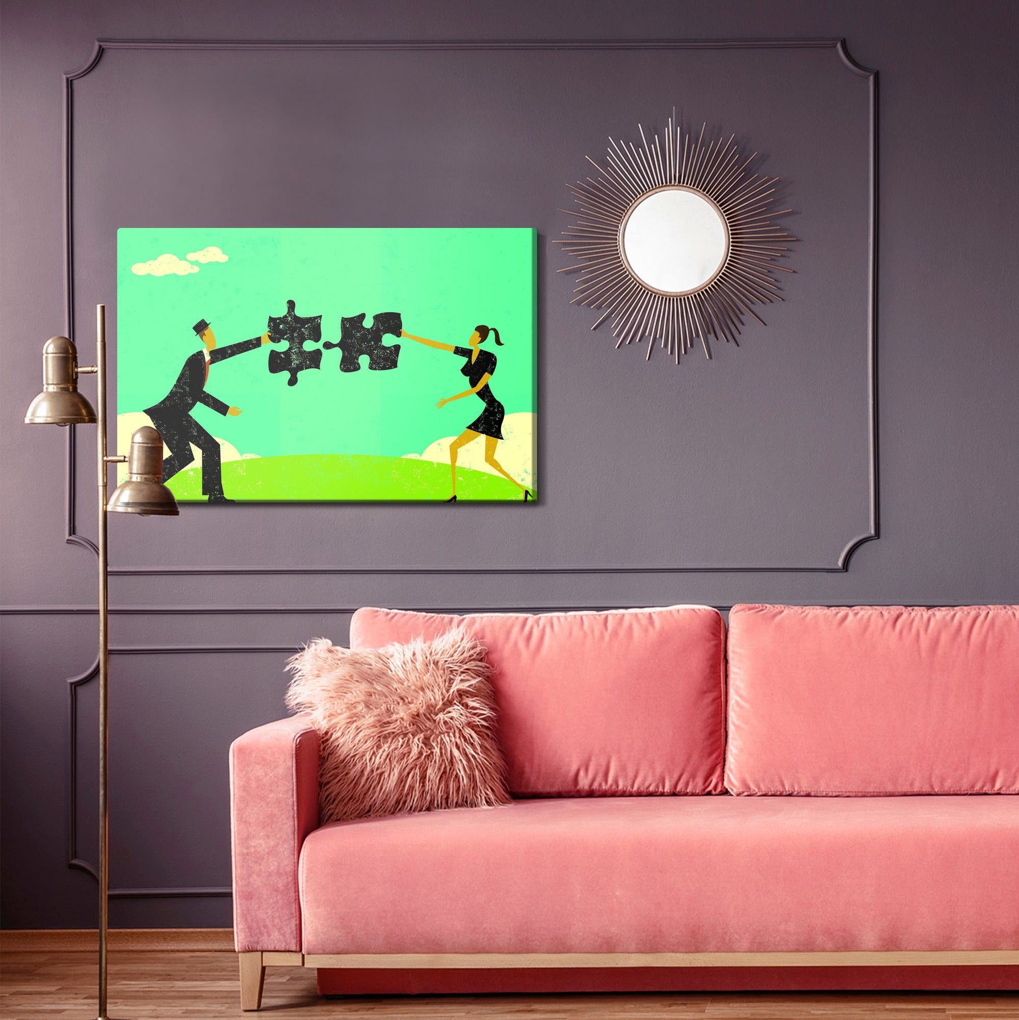 Obraz Na Płótnie Para Łącząca Puzzle W Stylu Vintage