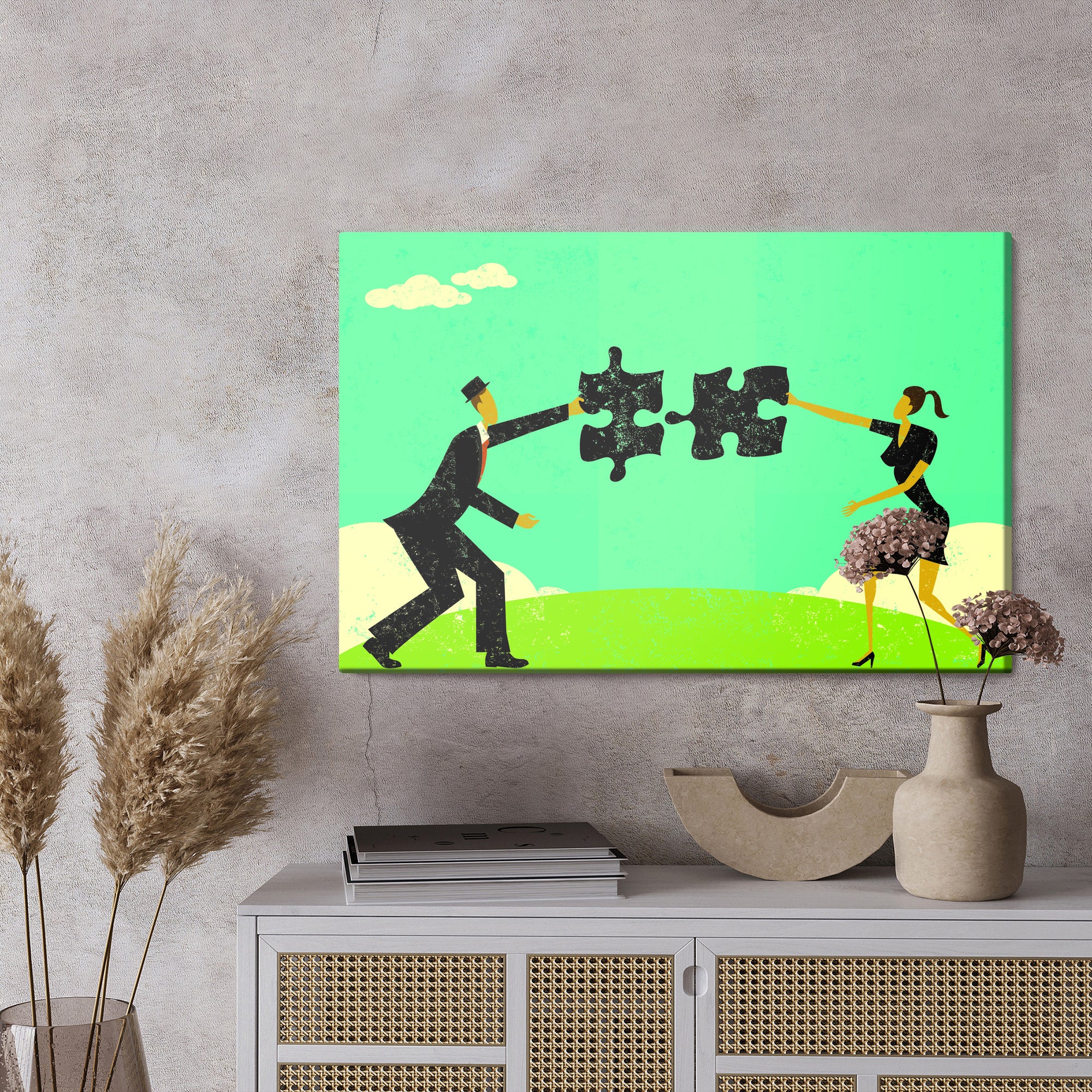 Obraz Na Płótnie Para Łącząca Puzzle W Stylu Vintage