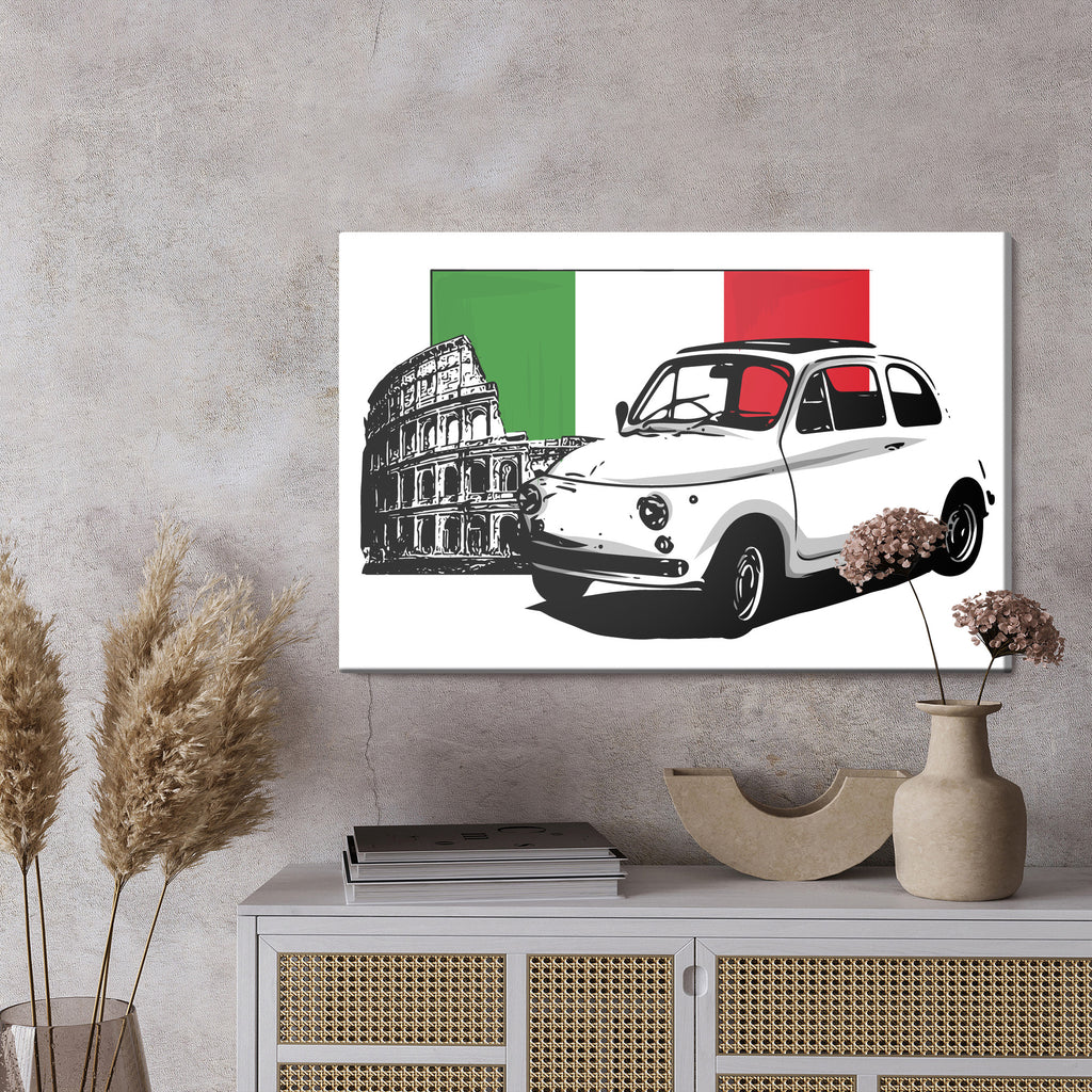 Obraz Na Płótnie Retro Auto Na Tle Włoskiej Flagi I Koloseum