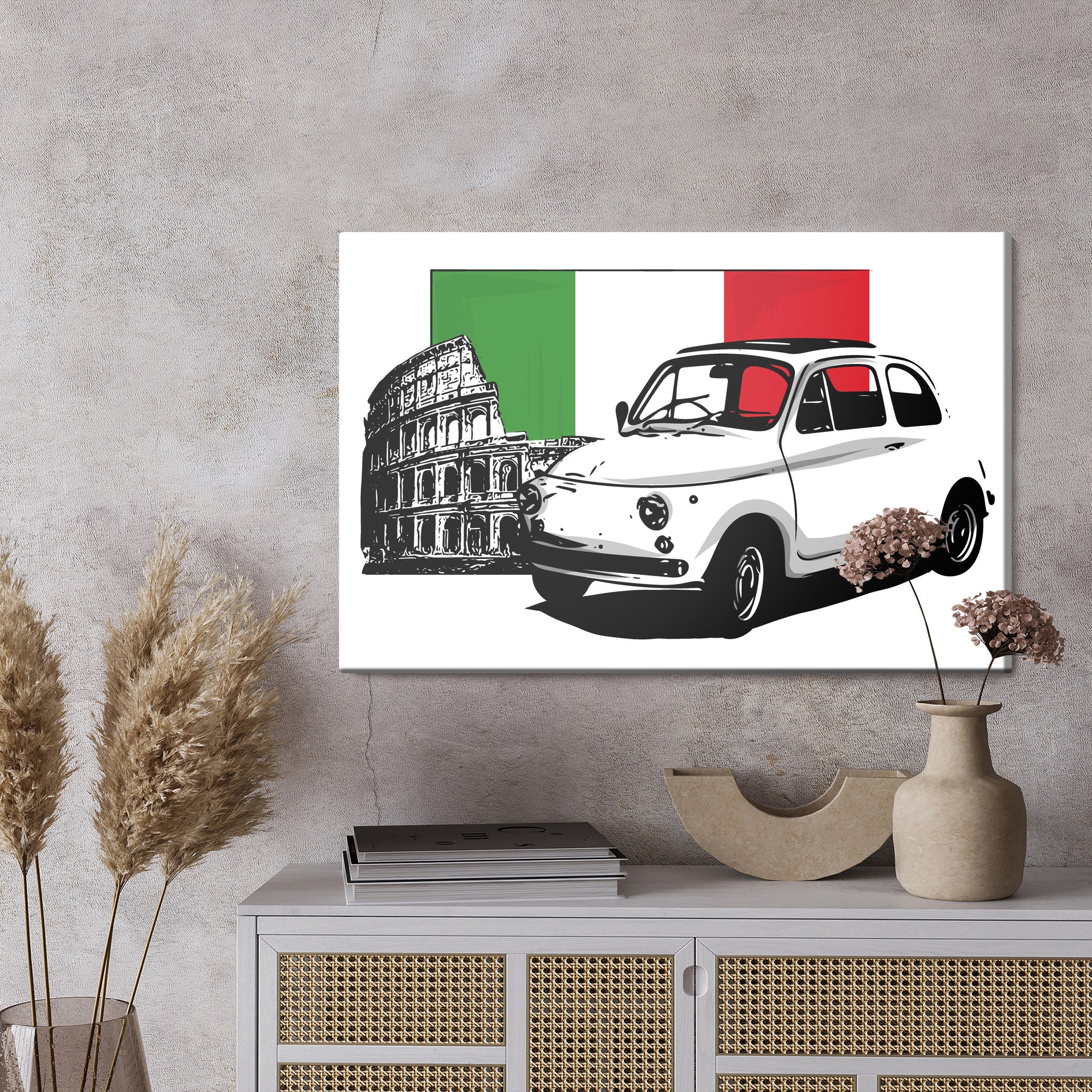 Obraz Na Płótnie Retro Auto Na Tle Włoskiej Flagi I Koloseum