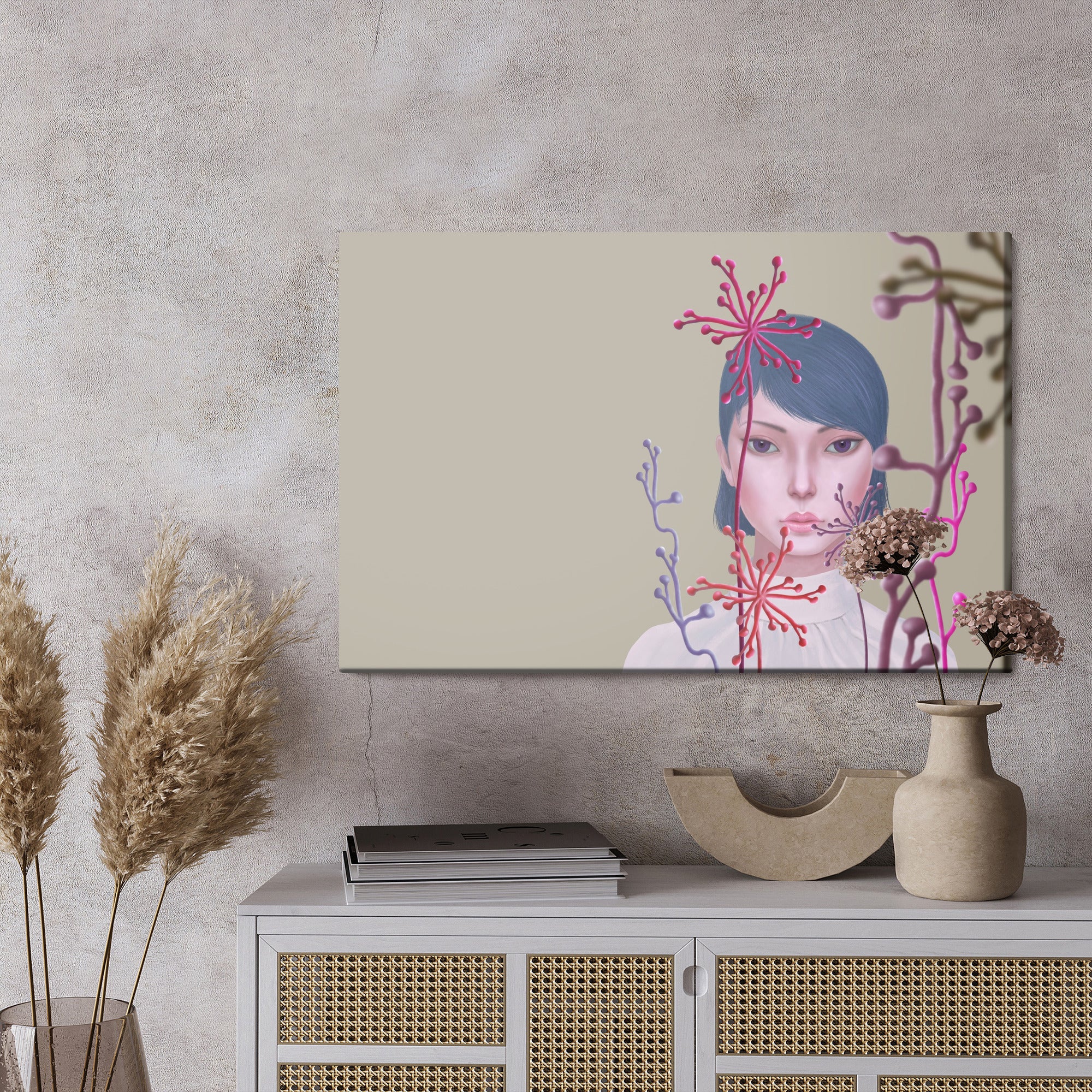 Obraz Na Płótnie Woman And Flower . Concept Idea Art Of Surreal Garden, Mystery And Dream. Conceptual 3D . Human And Nature. Portrait Painting. Girl Face