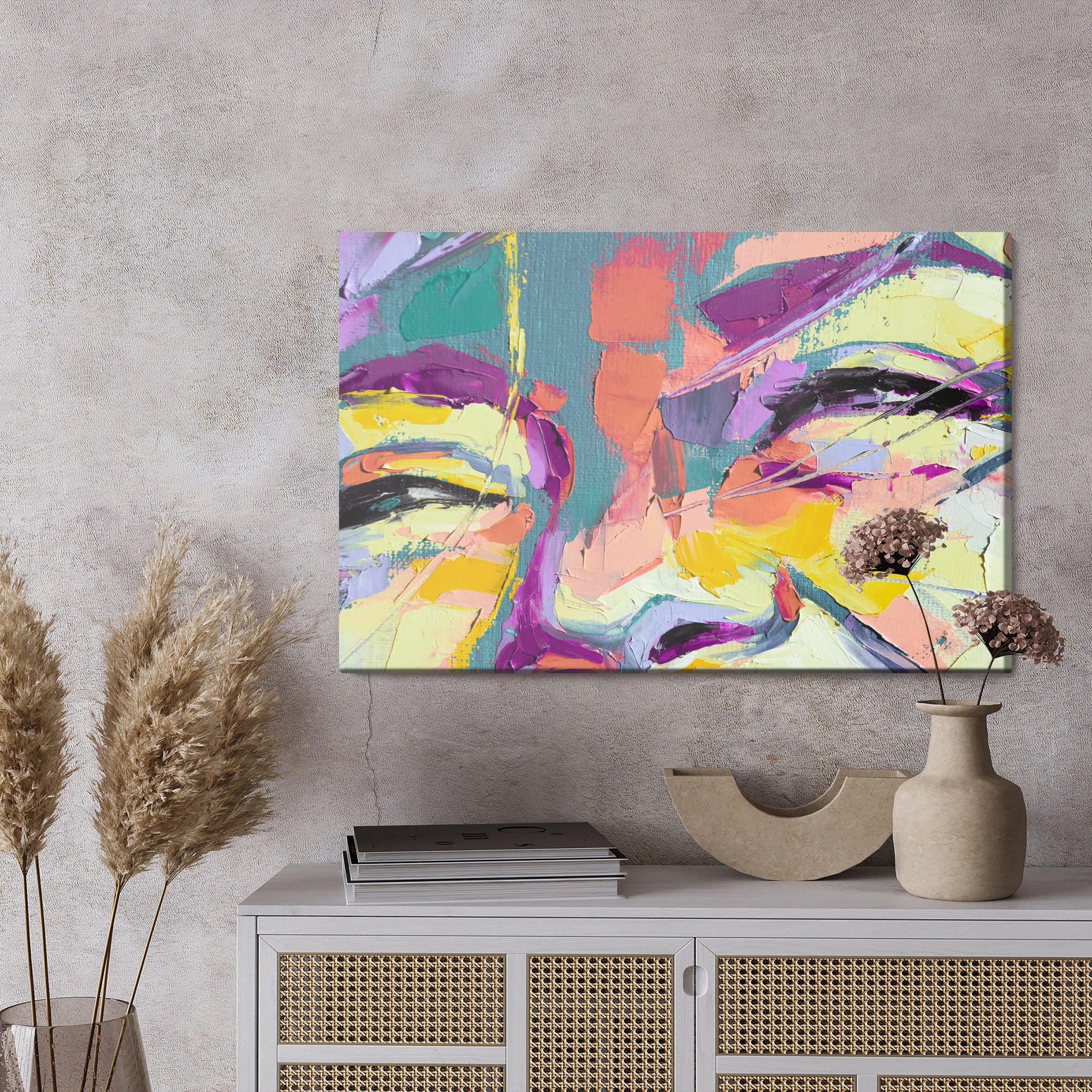 Obraz Na Płótnie Oil Portrait Painting In Multicolored Tones. Abstract Picture Of A Beautiful Girl. Conceptual Closeup Of An Oil Painting And Palette Knife On Canvas.