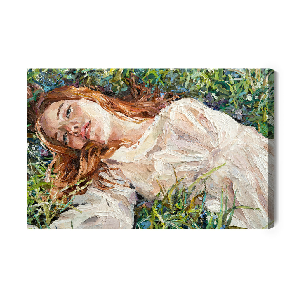 Obraz Na Płótnie .A Red-Haired Beauty, A Young Girl Lies And Dreams On The Field Among Various Summer Grasses And Wildflowers. Oil Painting On Canvas.