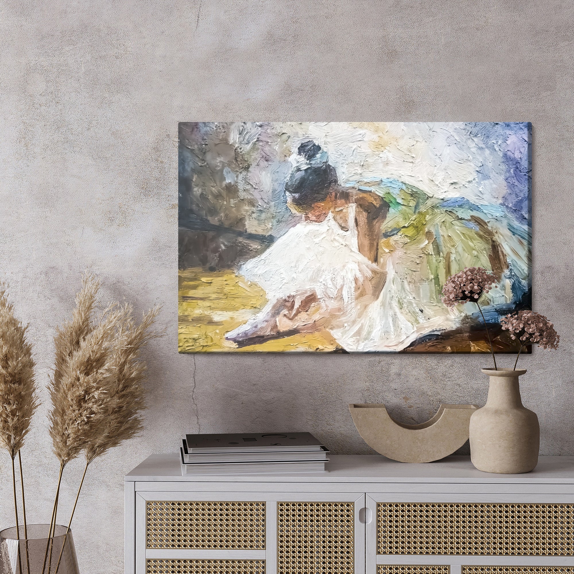 Obraz Na Płótnie Little Girl, Ballerina In A Lush White Ballet Tutu, Tying Pointe Shoes In The Dance Class, Under Bright Daylight. The Background Is Created With Expressive Strokes. Oil Painting On Canvas.