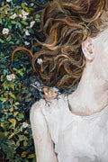 Obraz Na Płótnie The Girl Lies In The Grass. A Bird Sits On The Woman's Shoulder. Oil Painting On Canvas. Contemporary Art.