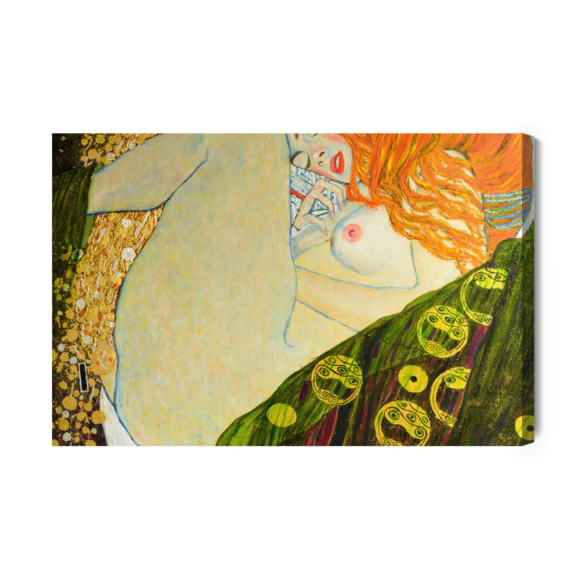 Obraz Na Płótnie Oil On Canvas. Oil Painting. Gold Leaf. Beautiful Red Hair Girl. Based On Painting Danae. G. Klimt