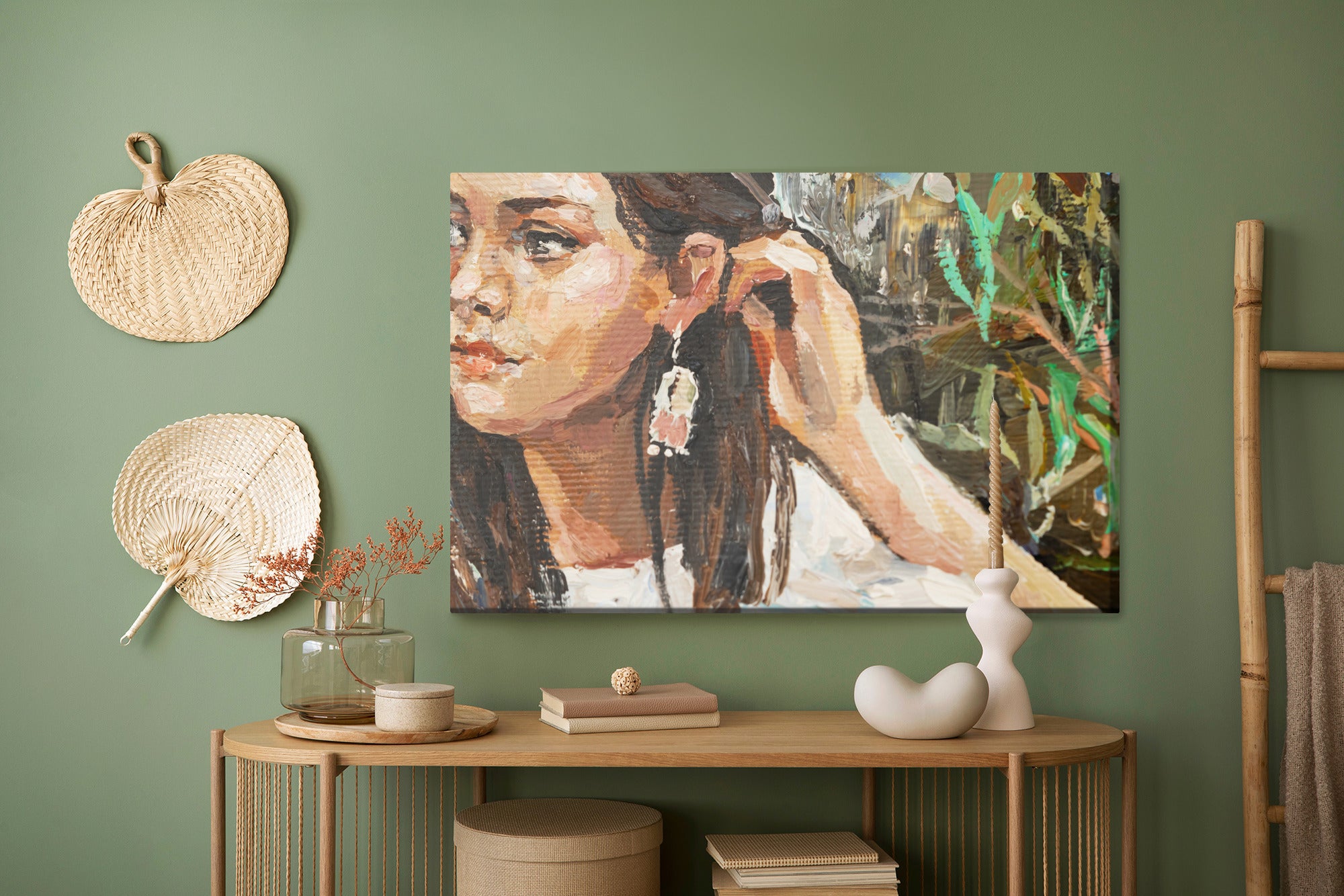 Obraz Na Płótnie A Young Girl Is Sitting In An Ethnic White Dress. The Background Depicts An Autumn Field With Flowers And Herbs. Oil Painting On Canvas.