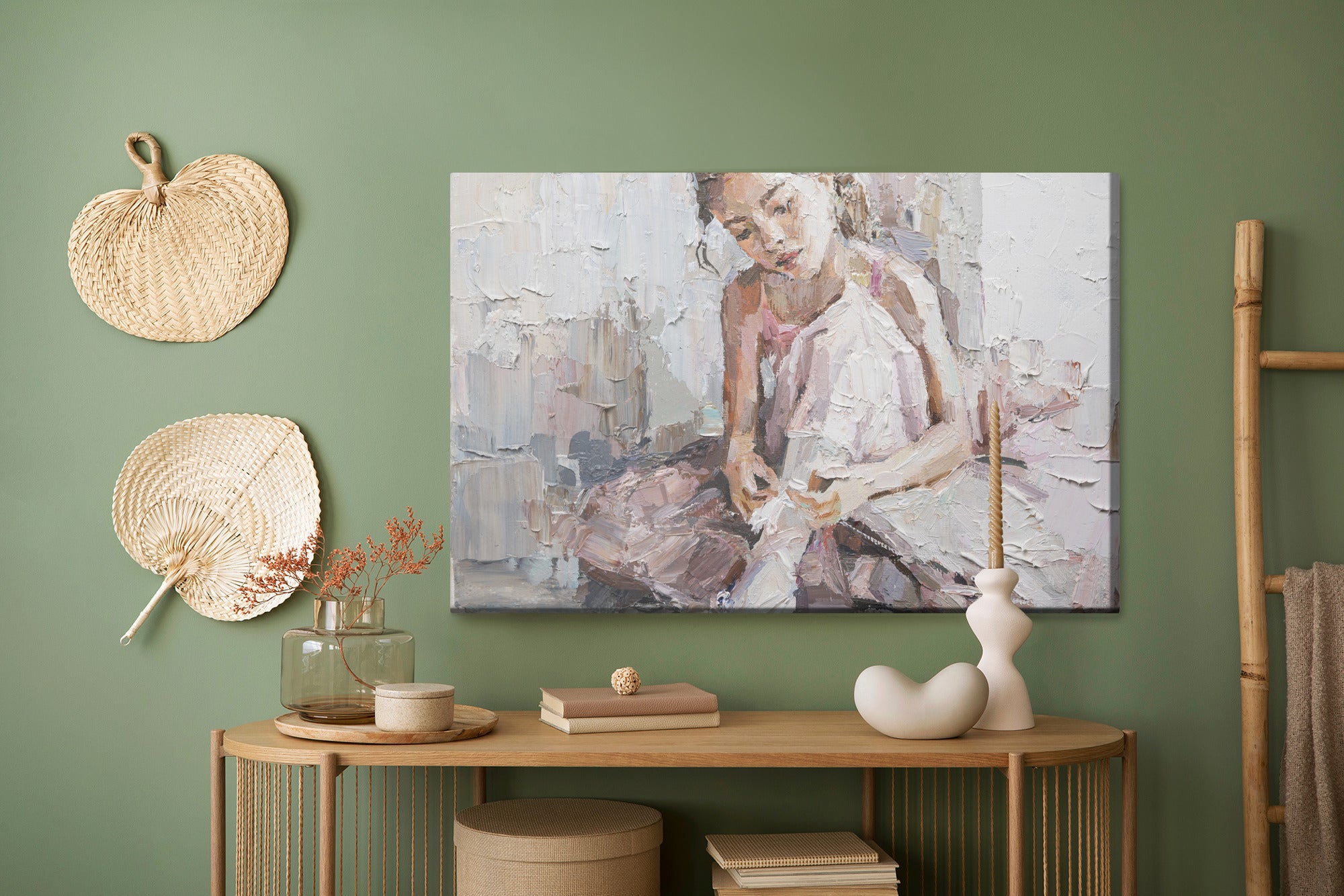 Obraz Na Płótnie Little Ballerina With Curly Hair Sits And Fastens Pointe Shoes . Oil Painting, Palette Knife Technique And Brush.
