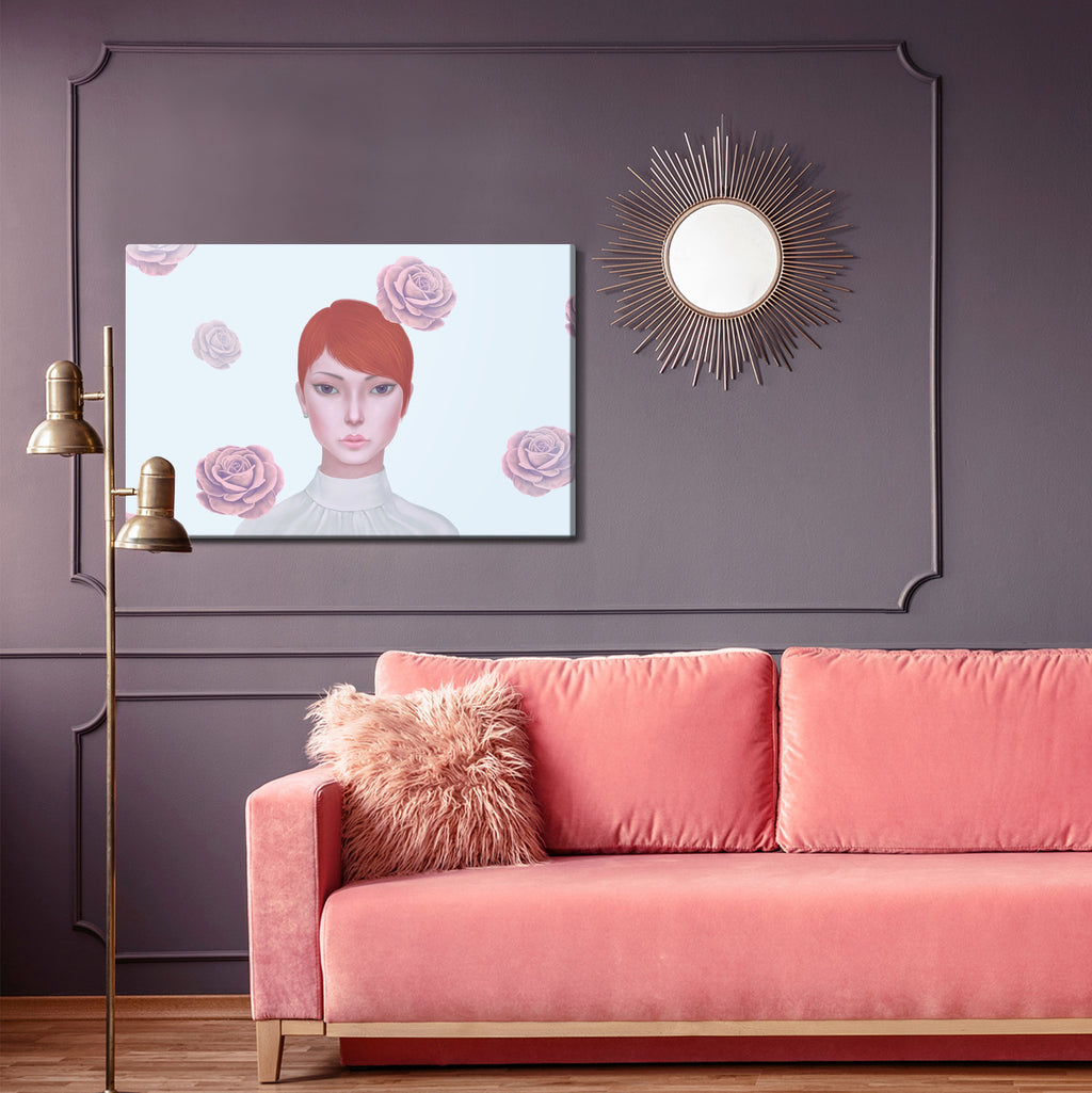 Obraz Na Płótnie Woman And Rose Flowers. Concept Idea Art Of Surreal, Mystery And Love. Conceptual 3D . Human And Nature. Portrait Painting.