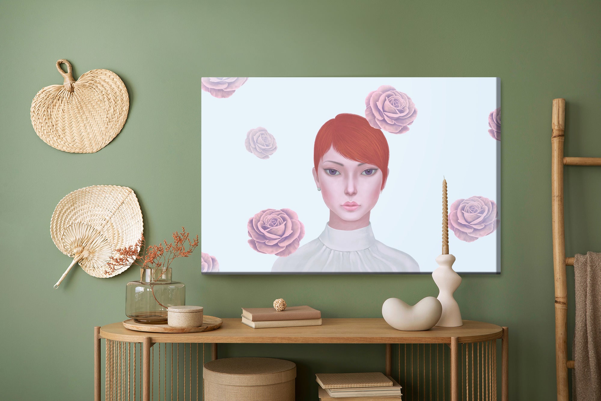 Obraz Na Płótnie Woman And Rose Flowers. Concept Idea Art Of Surreal, Mystery And Love. Conceptual 3D . Human And Nature. Portrait Painting.
