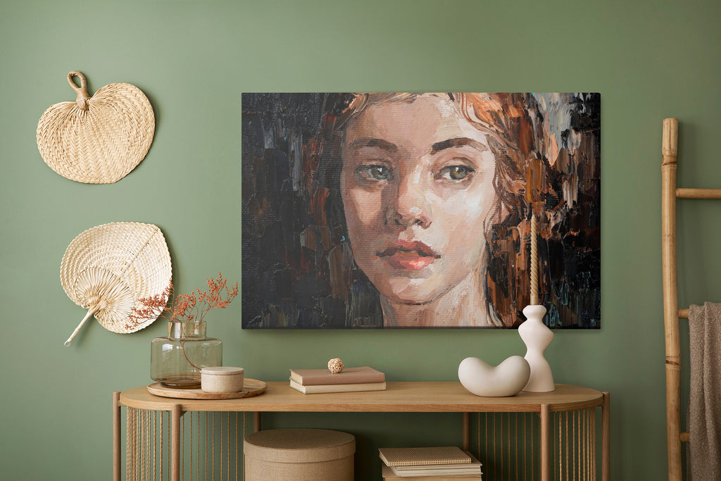 Obraz Na Płótnie Portrait Of A Young, Dreamy Girl With Curly Brown Hair . Palette Knife Technique Of Oil Painting And Brush.