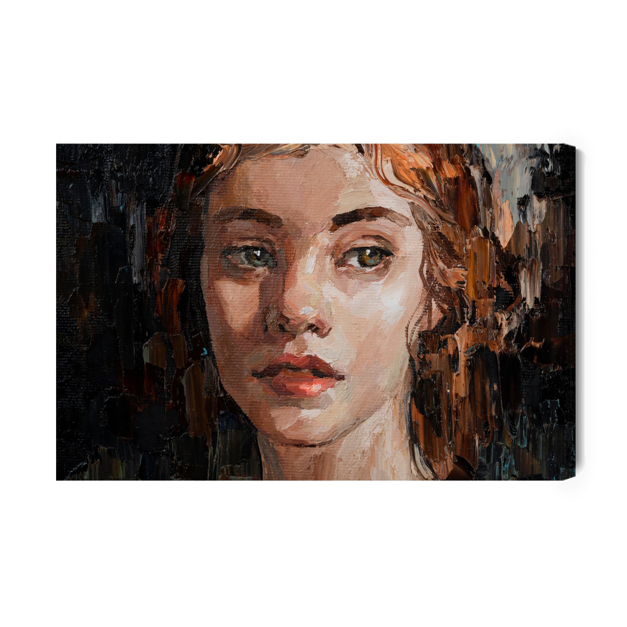 Obraz Na Płótnie Portrait Of A Young, Dreamy Girl With Curly Brown Hair . Palette Knife Technique Of Oil Painting And Brush.