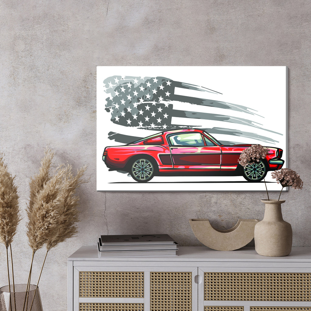 Obraz Na Płótnie Samochód Sportowy Na Szarym Tle Retro Flagi Usa