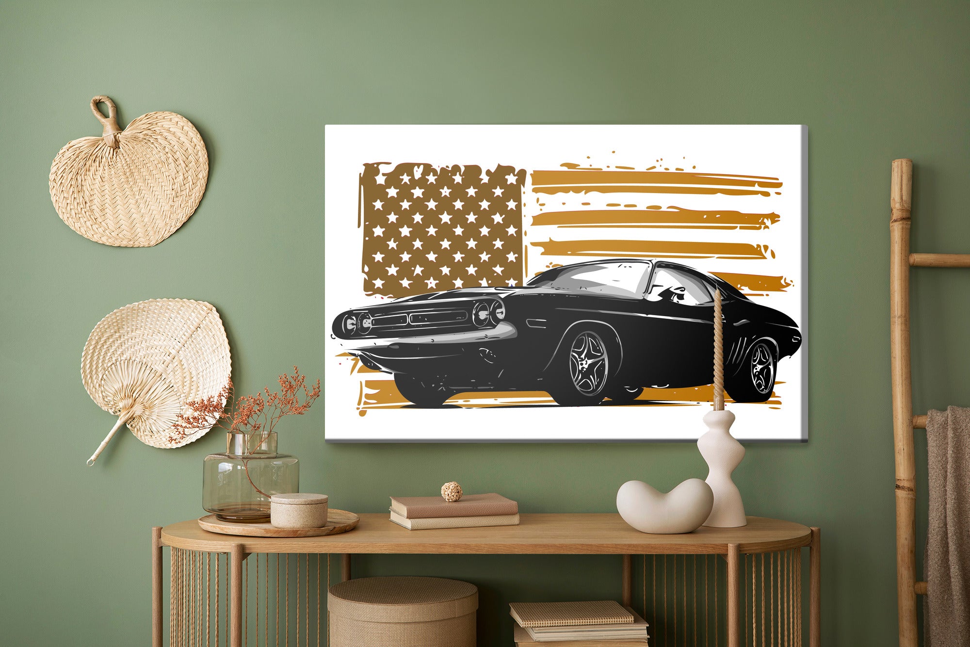 Obraz Na Płótnie Amerykański Muscle Car Na Tle Beżowej Flagi Usa