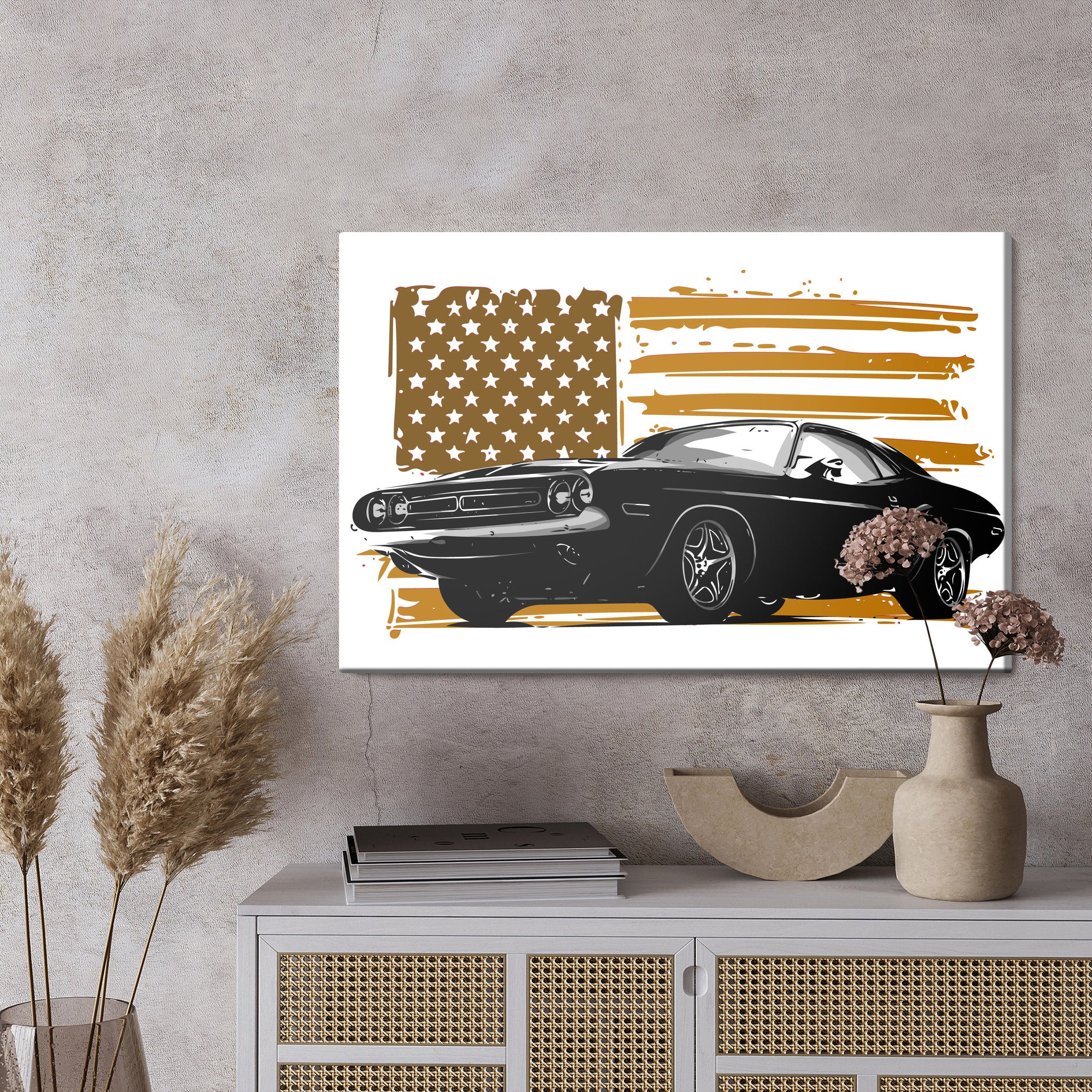 Obraz Na Płótnie Amerykański Muscle Car Na Tle Beżowej Flagi Usa
