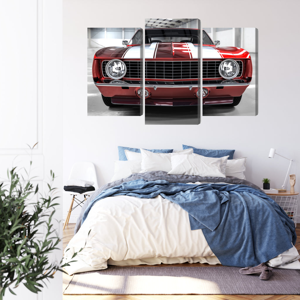 Obraz Wieloczęściowy Czerwony Muscle Car W Garażu
