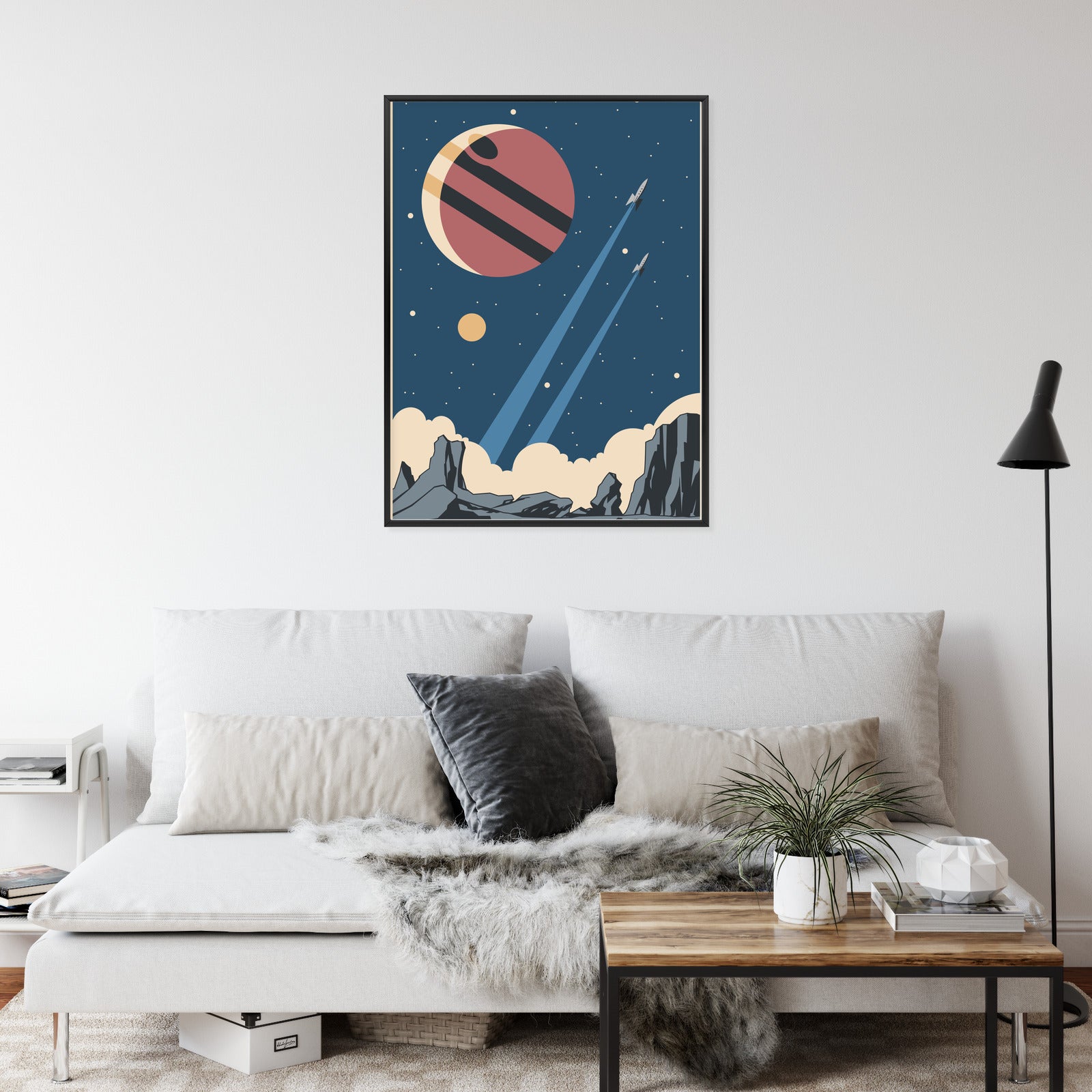 Plakat Rakiety Planety I Gwiazdy W Stylu Retro Rama Aluminiowa Kolor Czarny