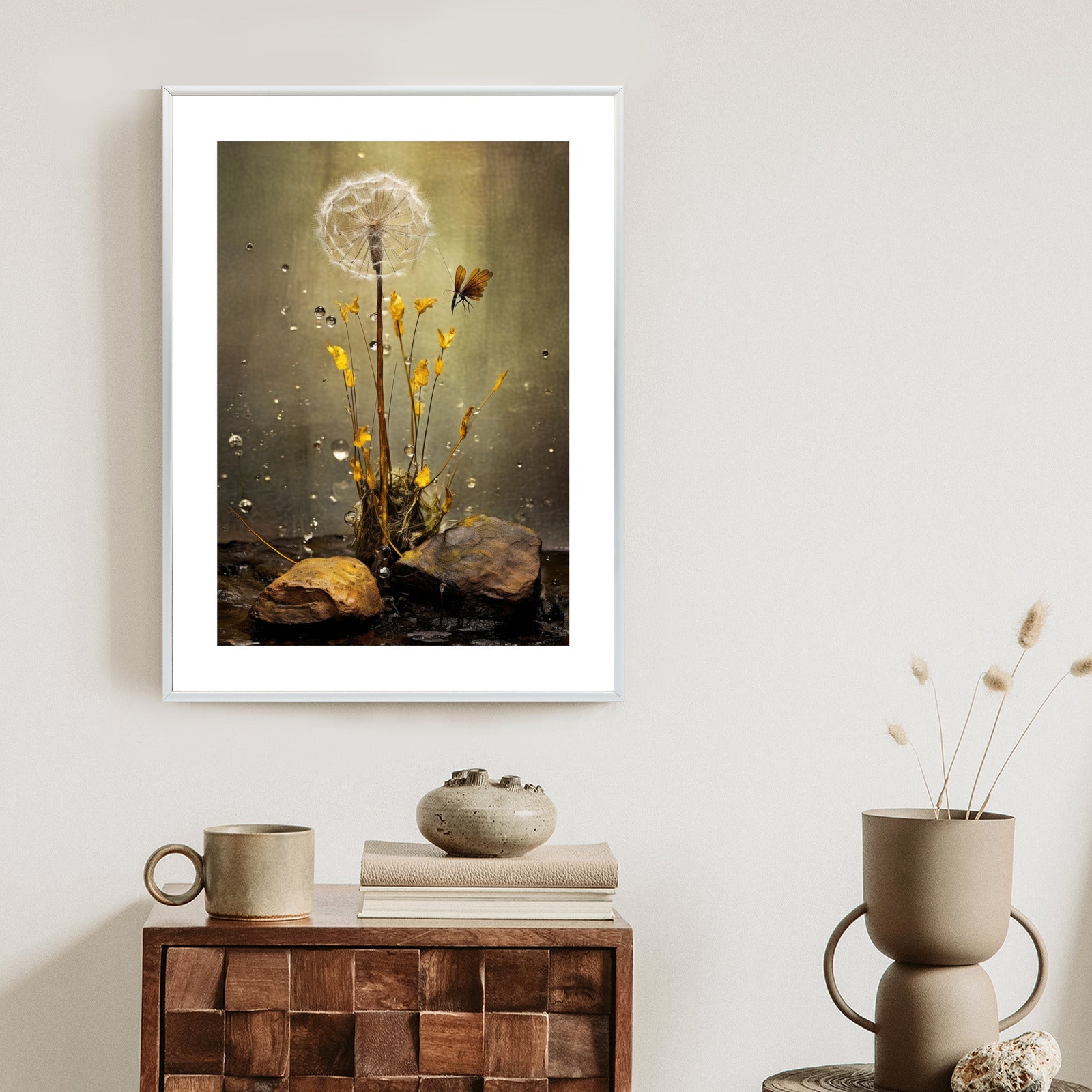 Plakat Mniszek Lekarski I Krople Rosy Rama Drewno Kolor Czarny