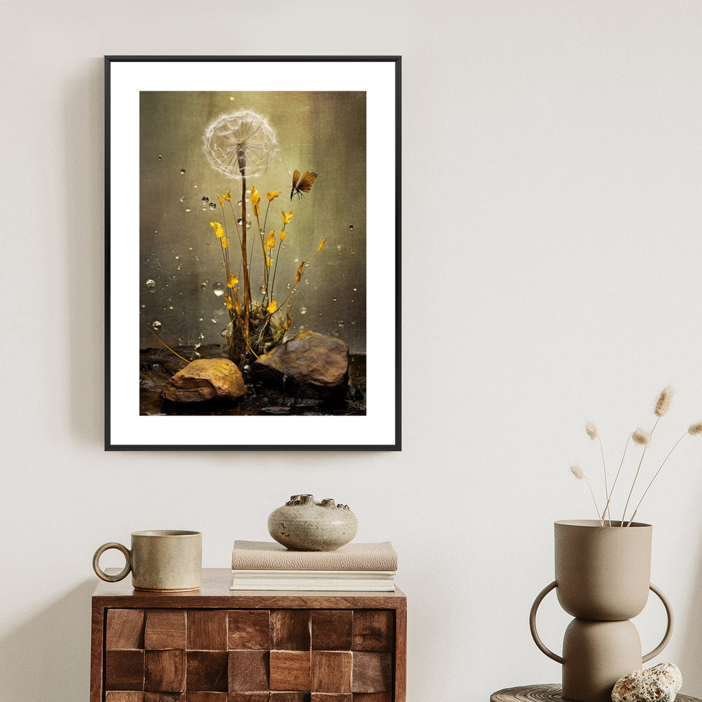 Plakat Mniszek Lekarski I Krople Rosy Rama Drewno Kolor Czarny