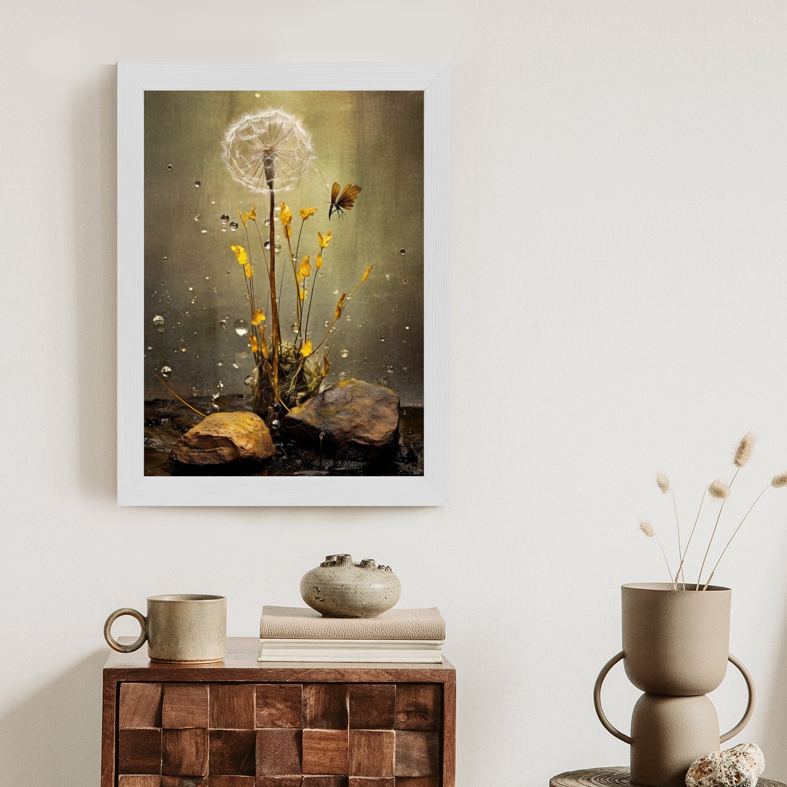 Plakat Mniszek Lekarski I Krople Rosy Rama Drewno Kolor Czarny