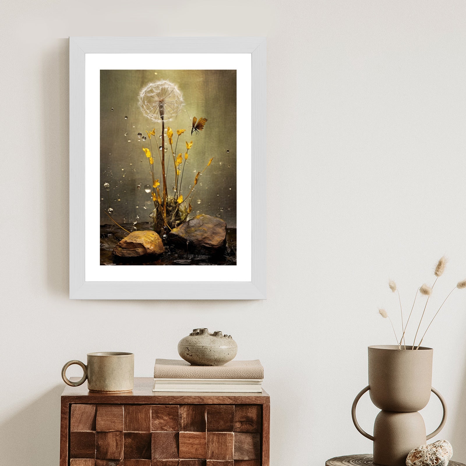 Plakat Mniszek Lekarski I Krople Rosy Rama Drewno Kolor Czarny