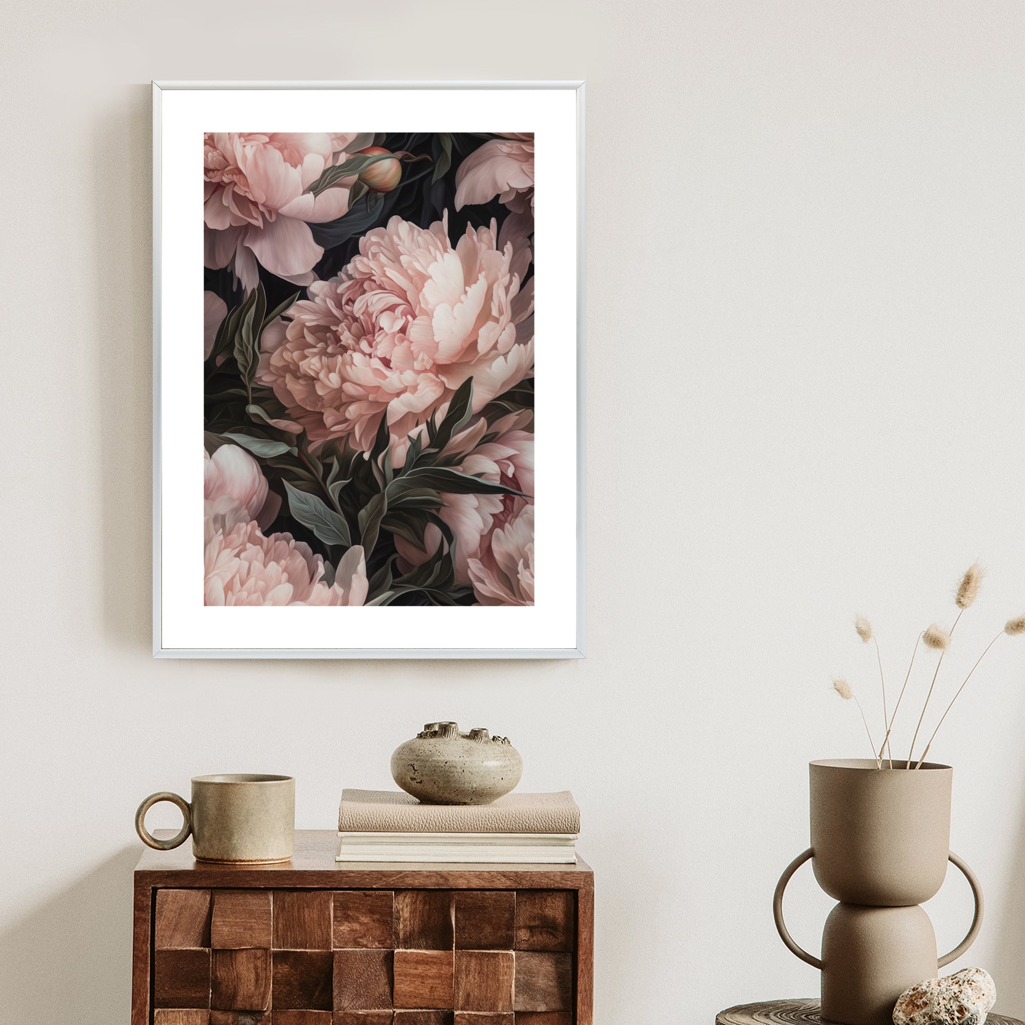 Plakat Bukiet Pastelowych Piwonii W Różowym Kolorze Rama Aluminiowa Kolor Czarny