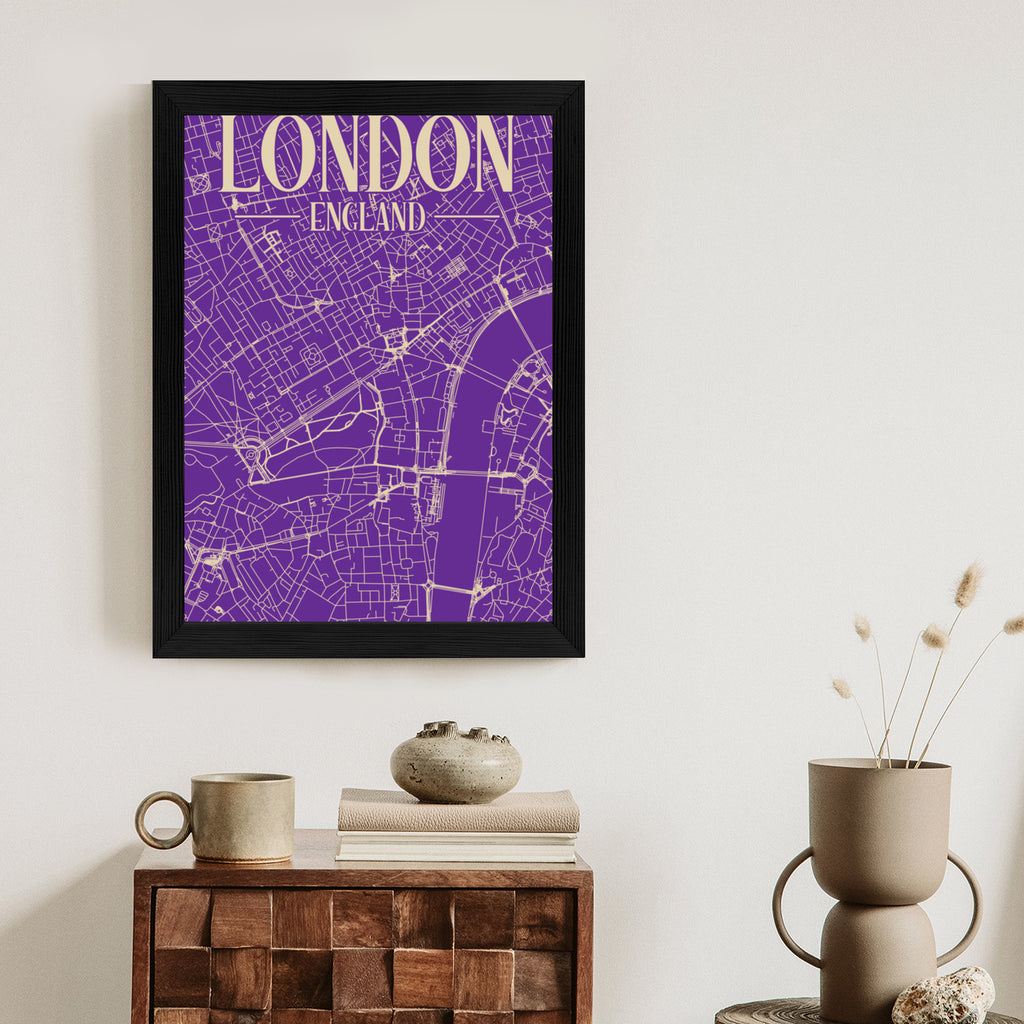 Plakat Centrum Londynu Na Fioletowej Mapie Rama Aluminiowa Kolor Czarny