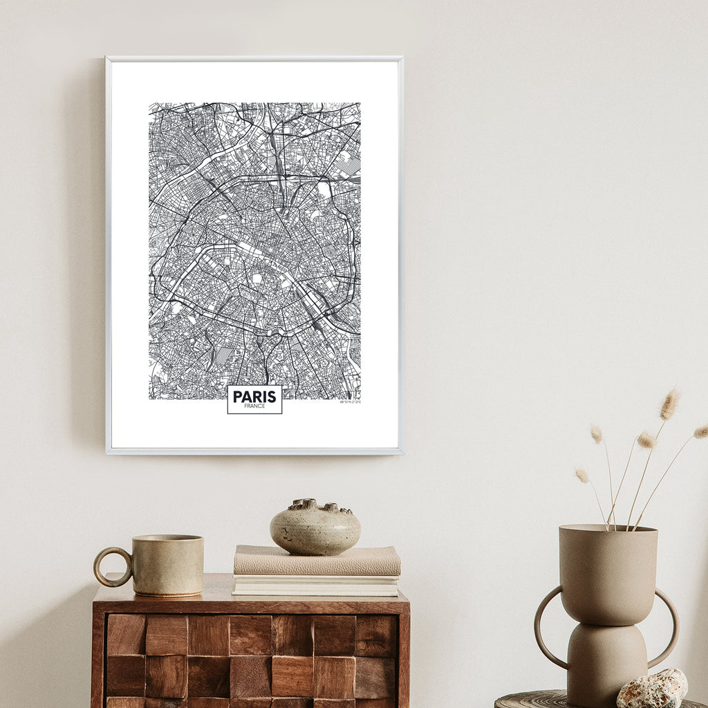 Plakat Paryż - Czarno-Biały Plan Miasta Rama Aluminiowa Kolor Czarny