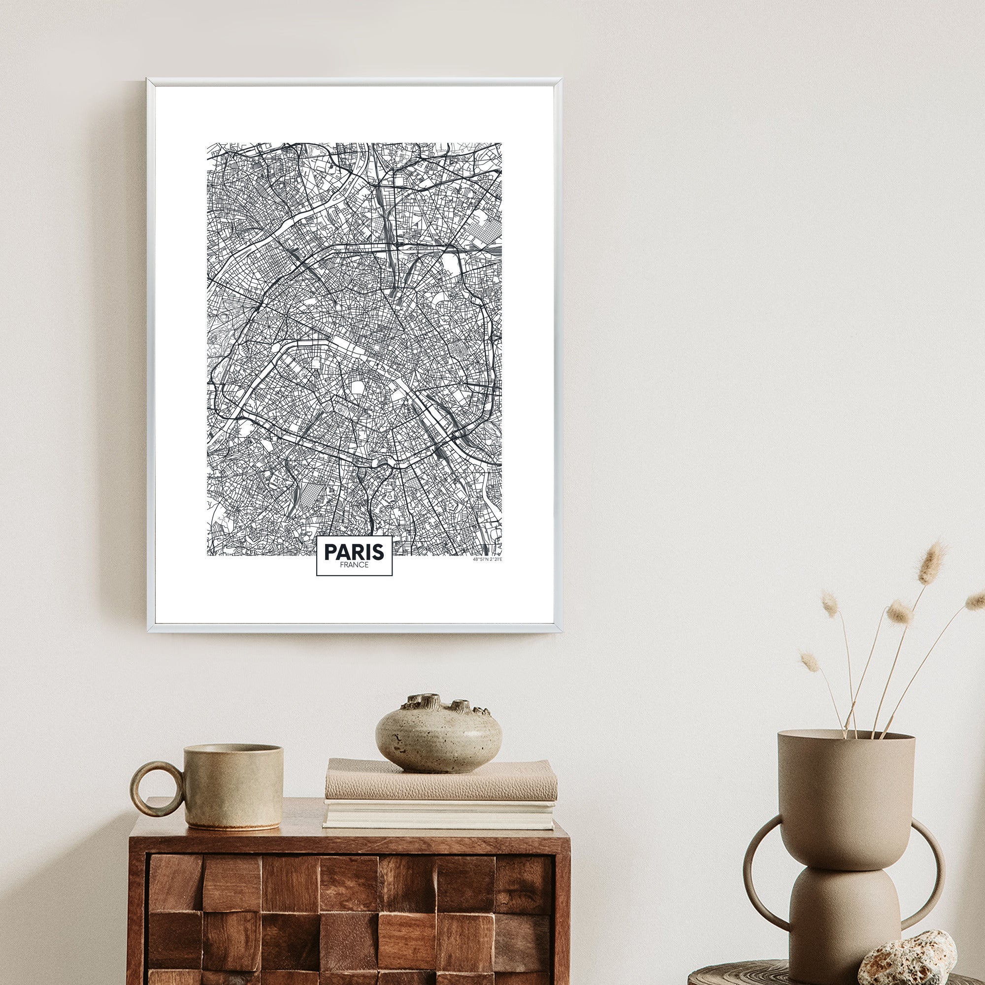 Plakat Paryż - Czarno-Biały Plan Miasta Rama Aluminiowa Kolor Czarny
