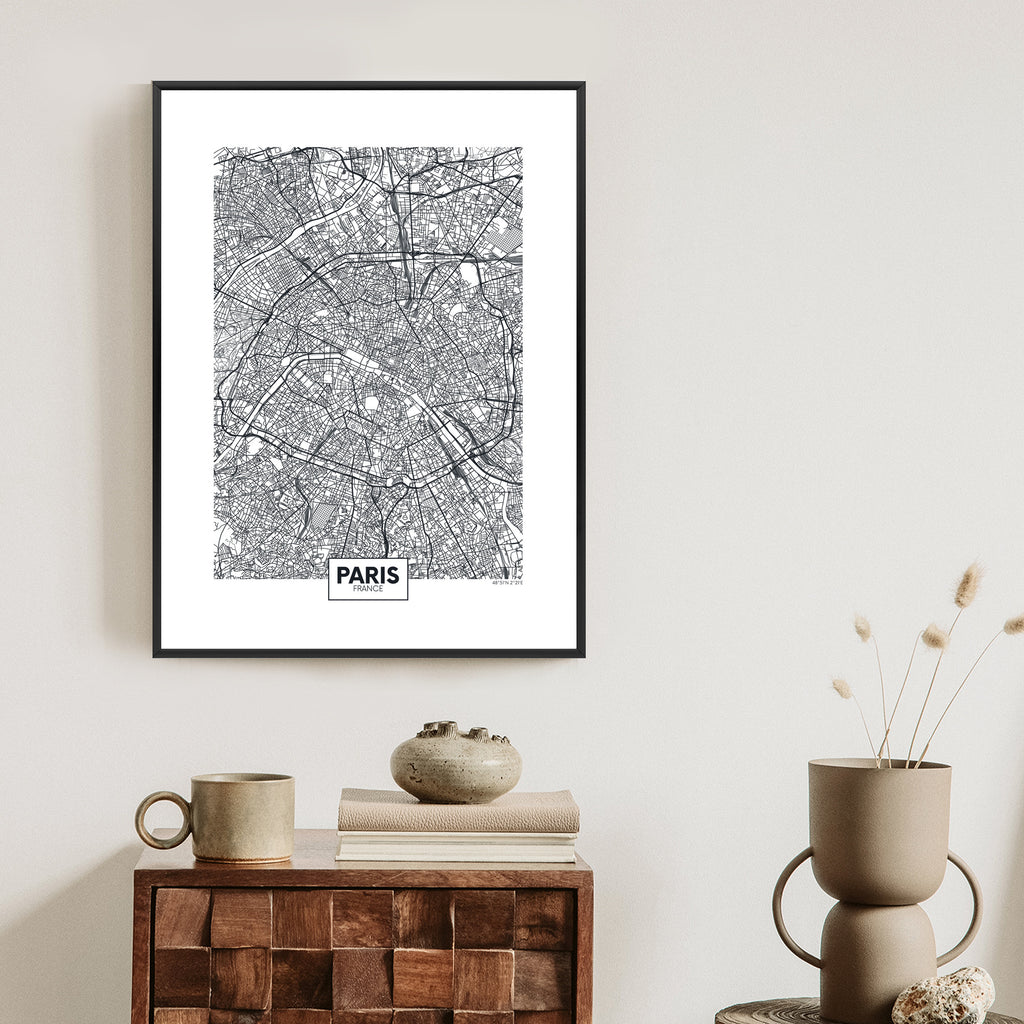 Plakat Paryż - Czarno-Biały Plan Miasta Rama Aluminiowa Kolor Czarny