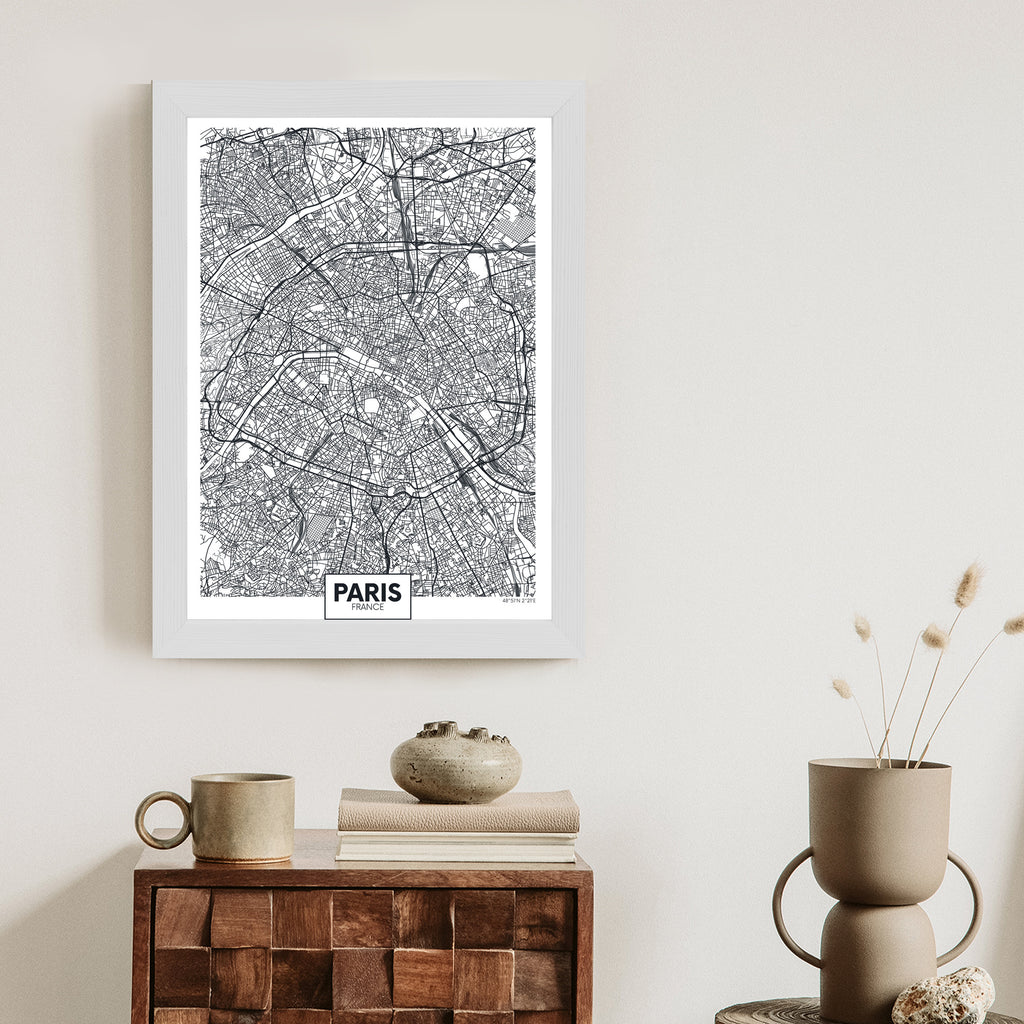 Plakat Paryż - Czarno-Biały Plan Miasta Rama Aluminiowa Kolor Czarny