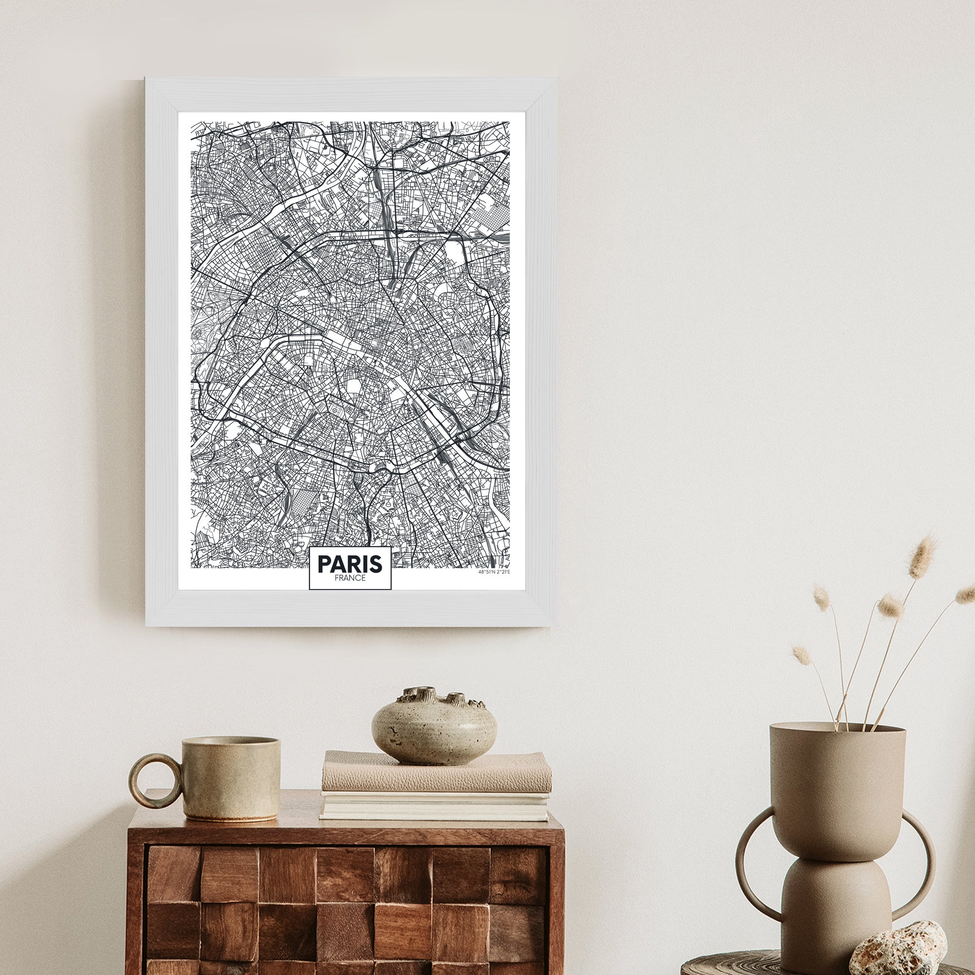 Plakat Paryż - Czarno-Biały Plan Miasta Rama Aluminiowa Kolor Czarny