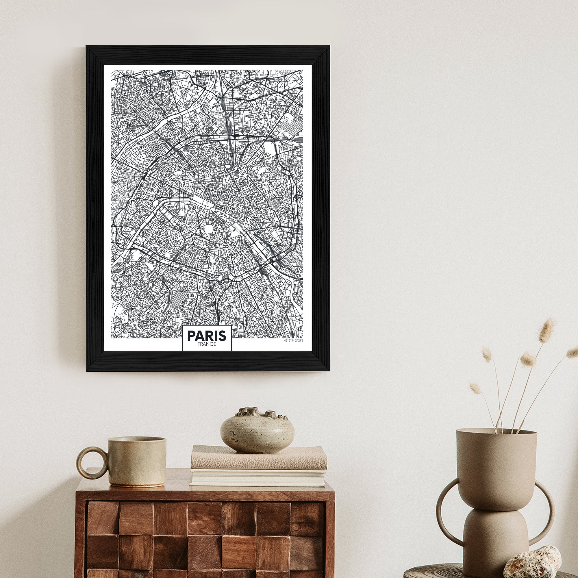 Plakat Paryż - Czarno-Biały Plan Miasta Rama Aluminiowa Kolor Czarny