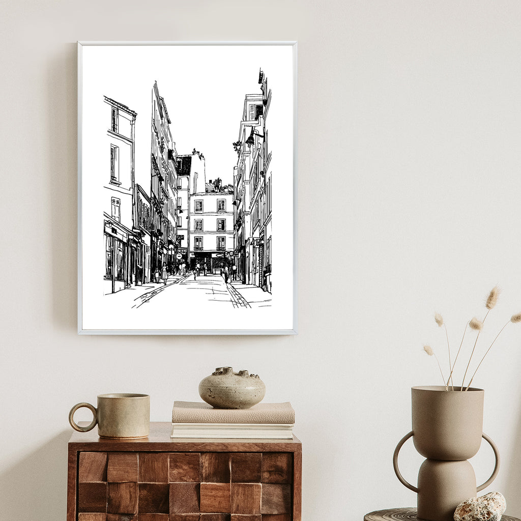 Plakat Uliczka Przy Montmartre W Paryżu - Szkic Rama Aluminiowa Kolor Czarny