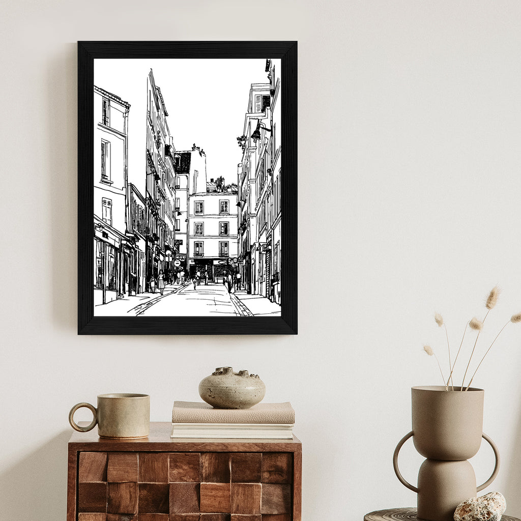 Plakat Uliczka Przy Montmartre W Paryżu - Szkic Rama Aluminiowa Kolor Czarny