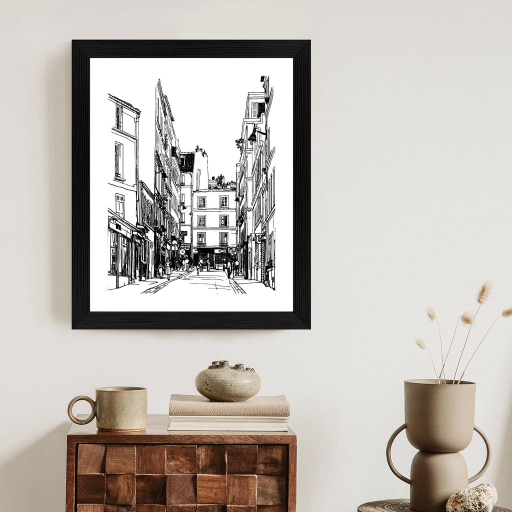 Plakat Uliczka Przy Montmartre W Paryżu - Szkic Rama Aluminiowa Kolor Czarny