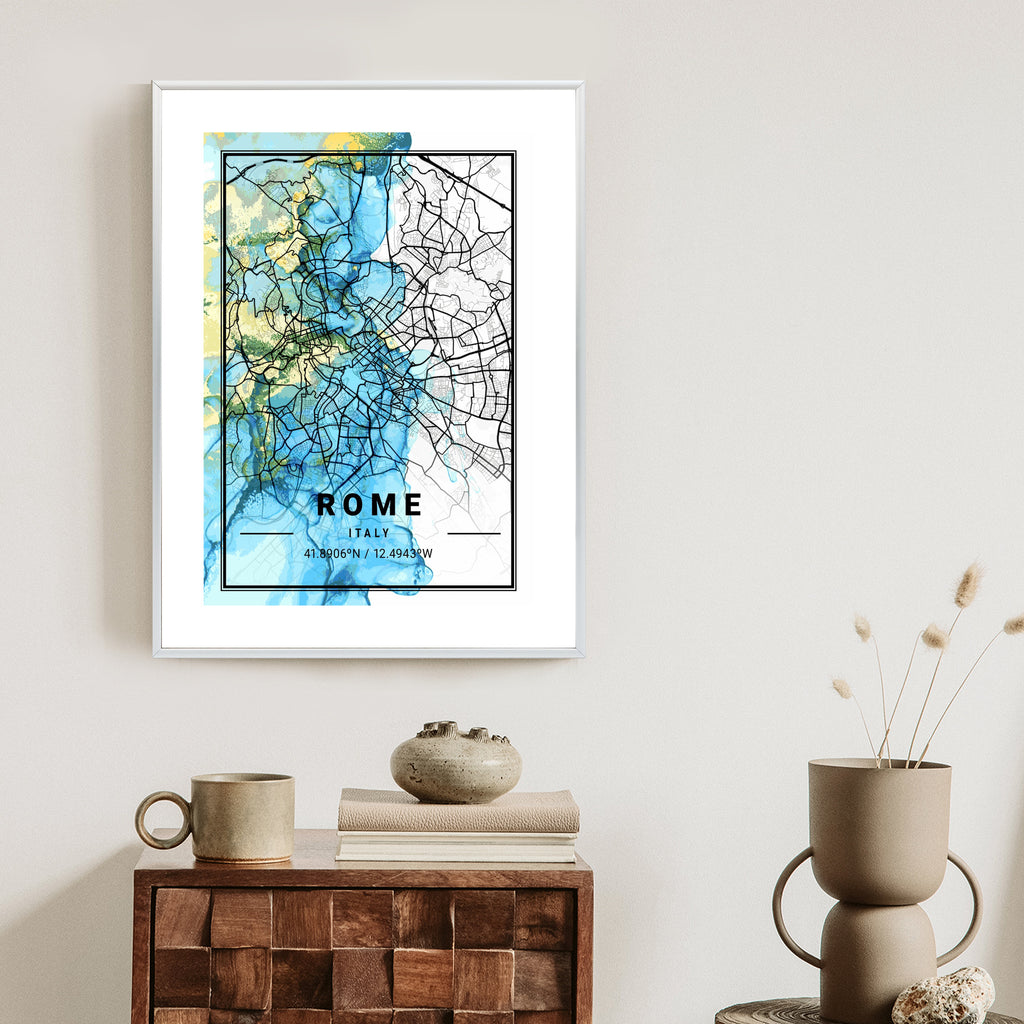 Plakat Mapa Rzymu Na Abstrakcyjnym Marmurowym Tle Rama Aluminiowa Kolor Czarny