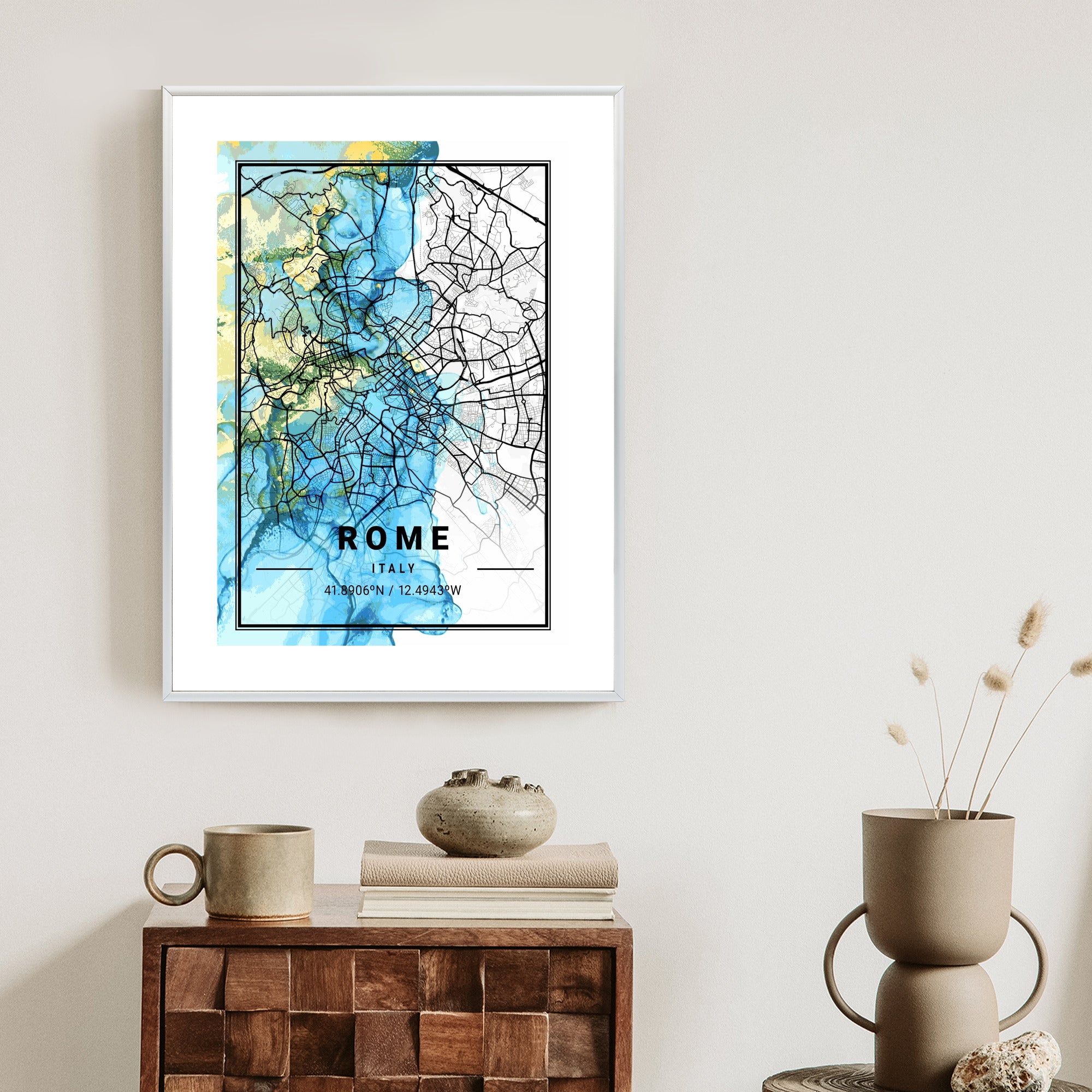 Plakat Mapa Rzymu Na Abstrakcyjnym Marmurowym Tle Rama Aluminiowa Kolor Czarny