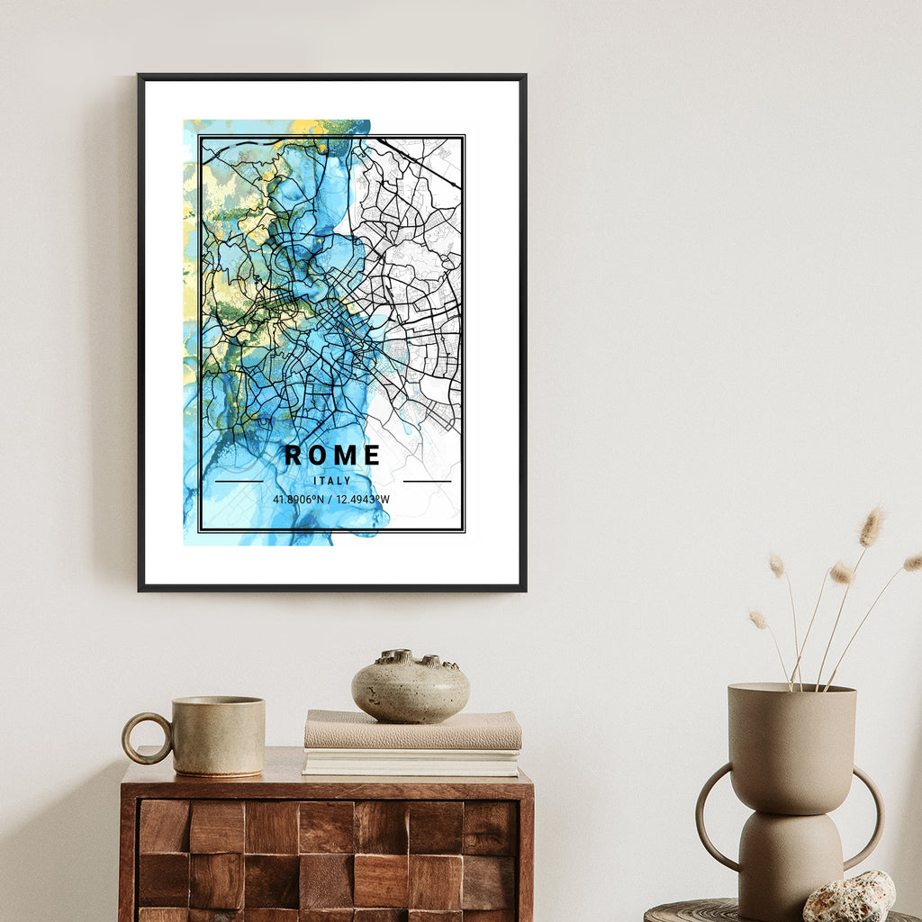 Plakat Mapa Rzymu Na Abstrakcyjnym Marmurowym Tle Rama Aluminiowa Kolor Czarny
