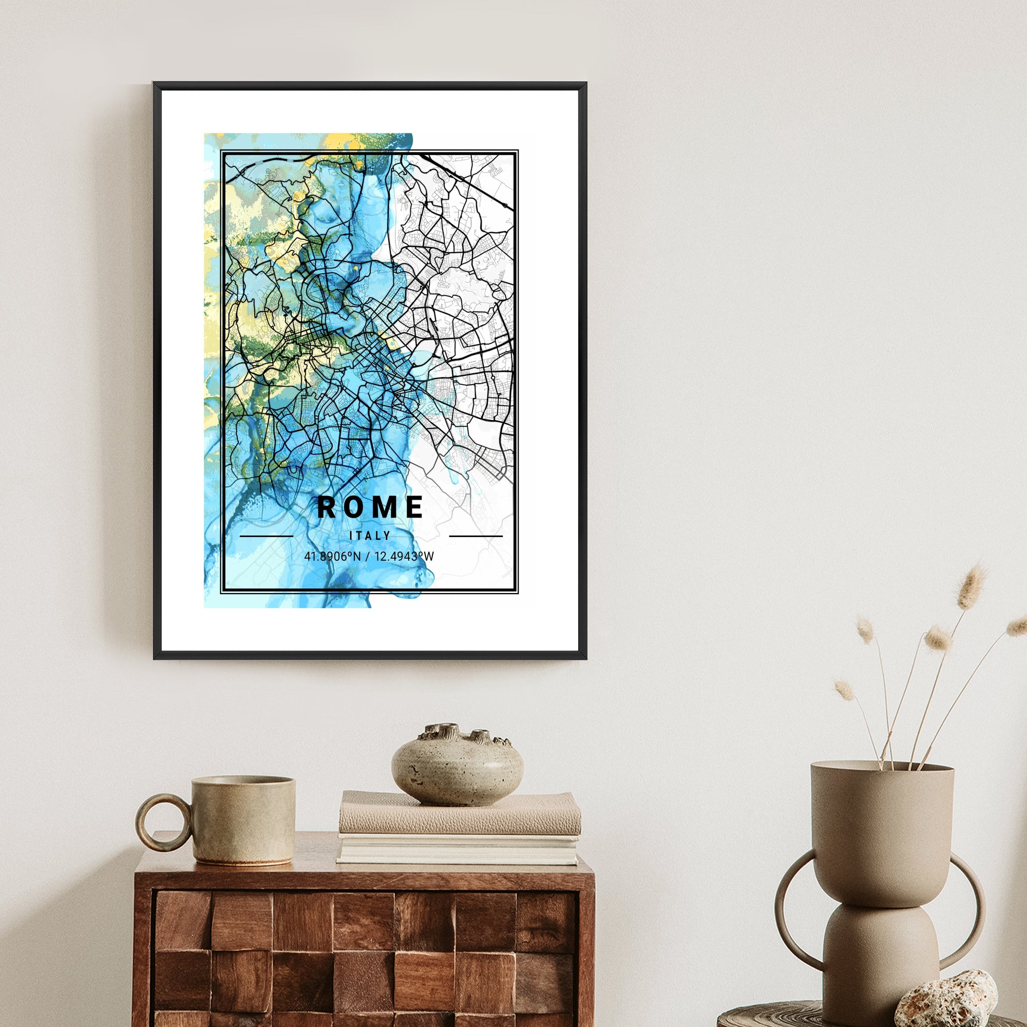 Plakat Mapa Rzymu Na Abstrakcyjnym Marmurowym Tle Rama Aluminiowa Kolor Czarny