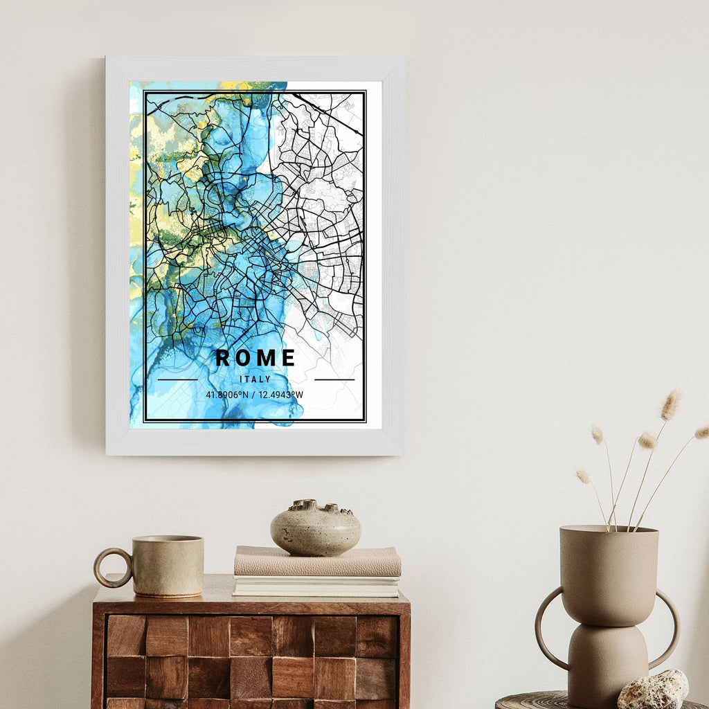 Plakat Mapa Rzymu Na Abstrakcyjnym Marmurowym Tle Rama Aluminiowa Kolor Czarny