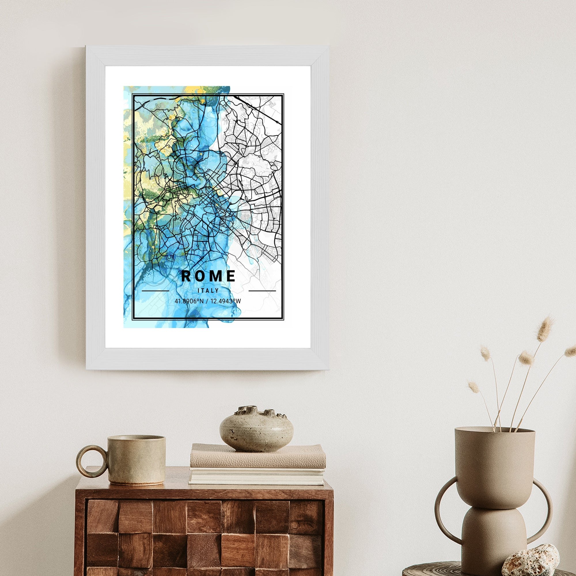 Plakat Mapa Rzymu Na Abstrakcyjnym Marmurowym Tle Rama Aluminiowa Kolor Czarny