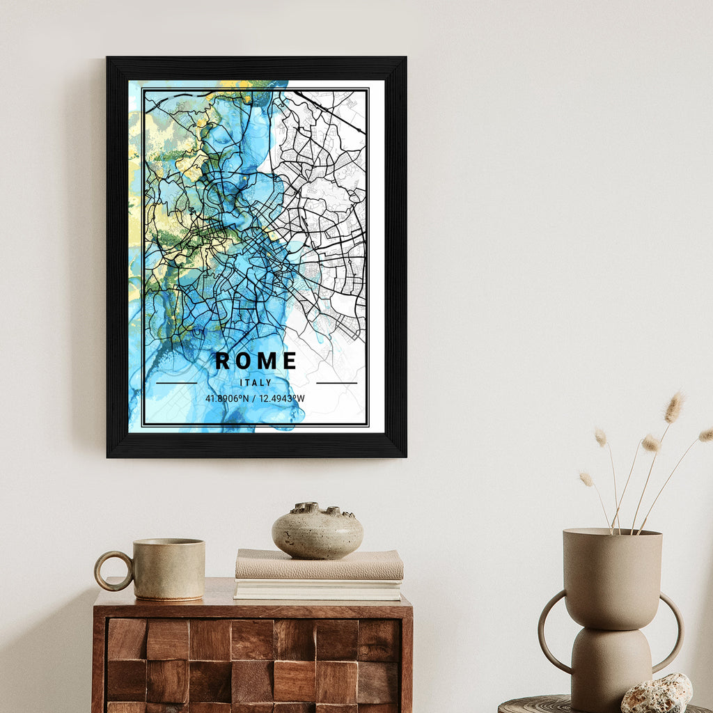 Plakat Mapa Rzymu Na Abstrakcyjnym Marmurowym Tle Rama Aluminiowa Kolor Czarny