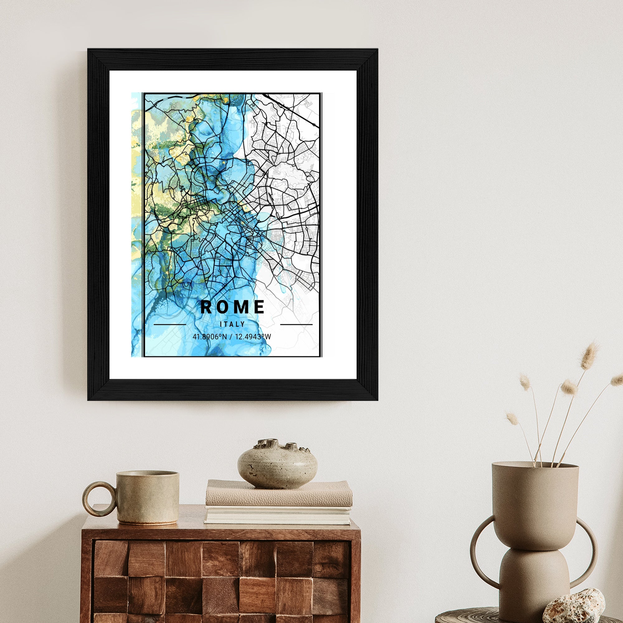 Plakat Mapa Rzymu Na Abstrakcyjnym Marmurowym Tle Rama Aluminiowa Kolor Czarny