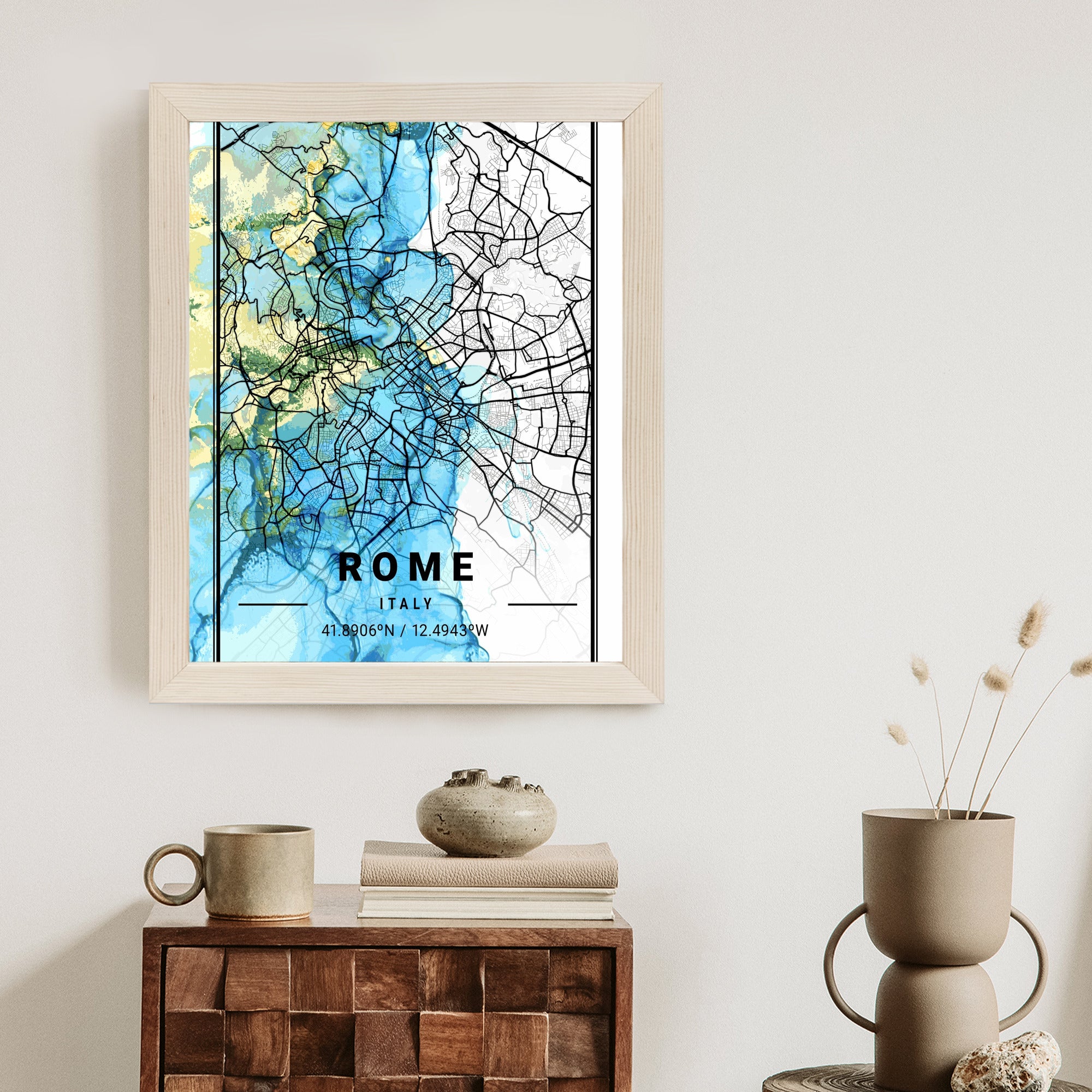Plakat Mapa Rzymu Na Abstrakcyjnym Marmurowym Tle Rama Aluminiowa Kolor Czarny